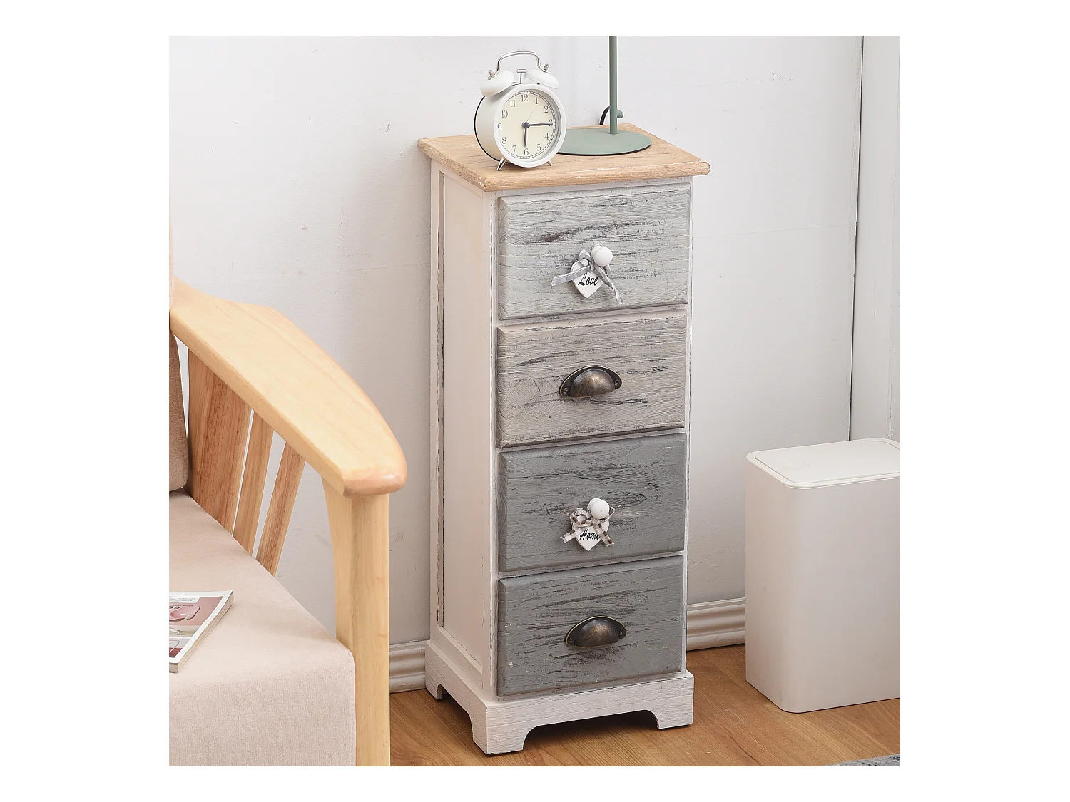 Cassettiera Comodino Bianco 4 Cassetti Colorati Shabby 72x29x25