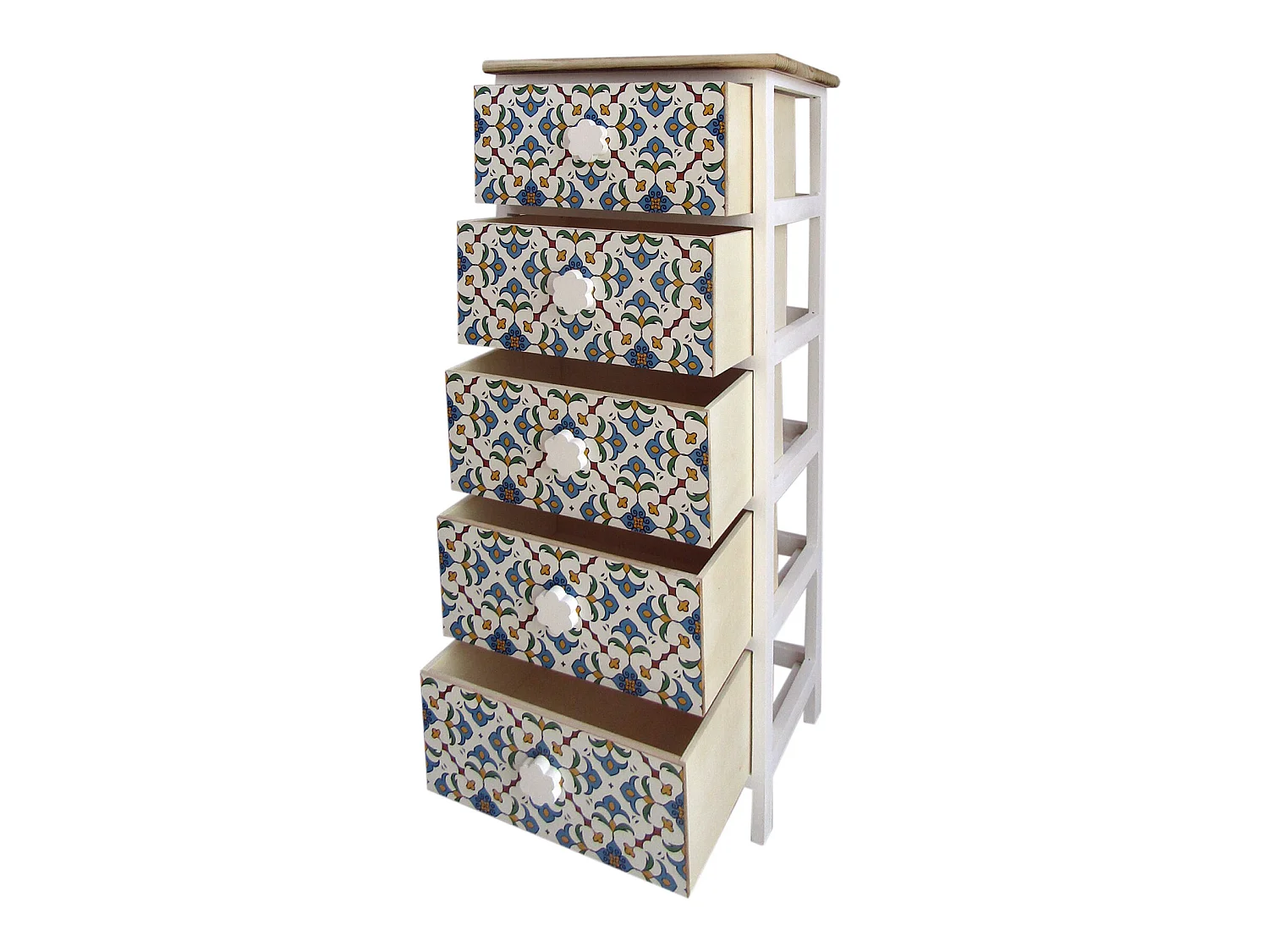 Cassettiera 5 Cassetti Moderna Legno Chiaro Bianco Blu 93x40x30