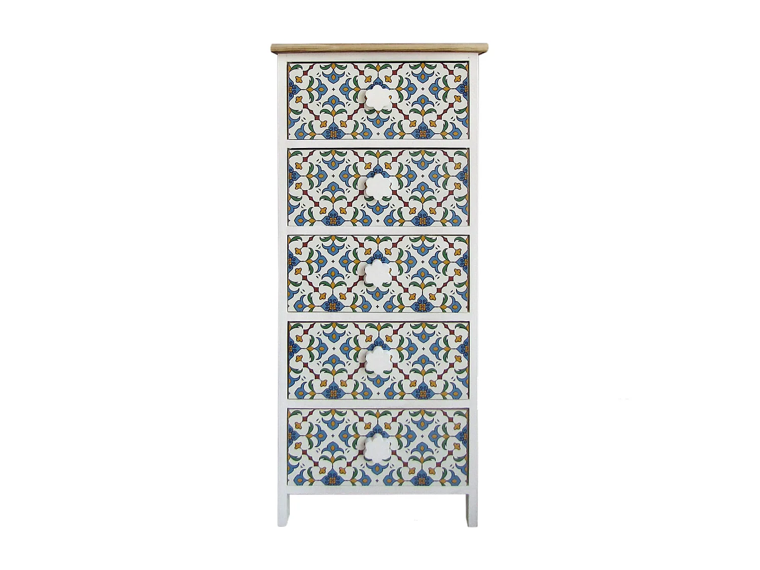 Commode 5 Tiroirs Moderne Bois Clair Blanc Bleu 93x40x30