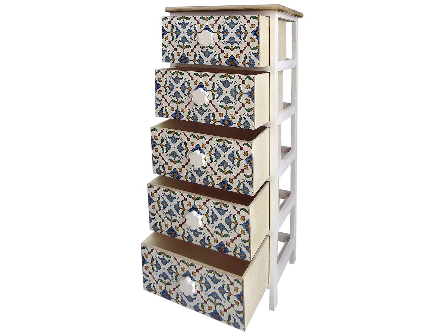 Commode 5 Tiroirs Moderne Bois Clair Blanc Bleu 93x40x30