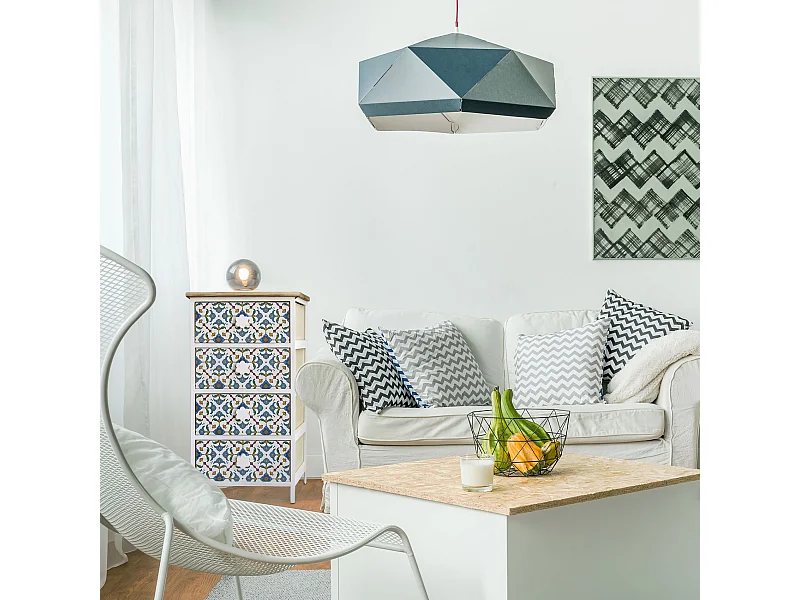 Cassettiera 4 Cassetti Maioliche Legno Chiaro Bianco Blu 76x40x30