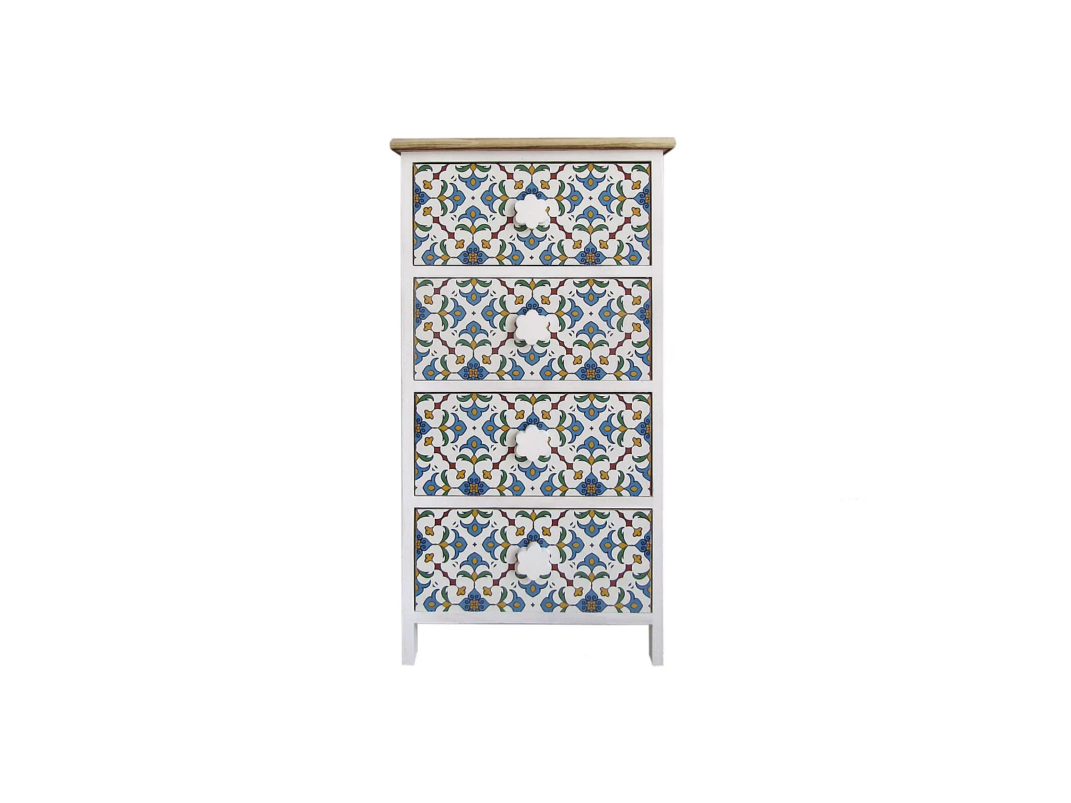Commode 4 Tiroirs Bois Majolica Blanc Clair Bleu 76x40x30