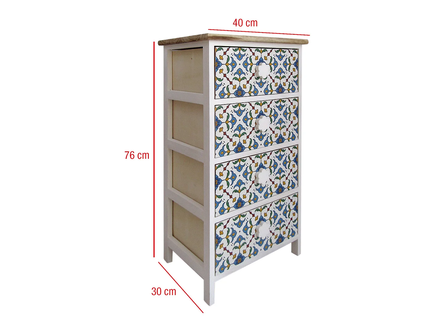 Commode 4 Tiroirs Bois Majolica Blanc Clair Bleu 76x40x30