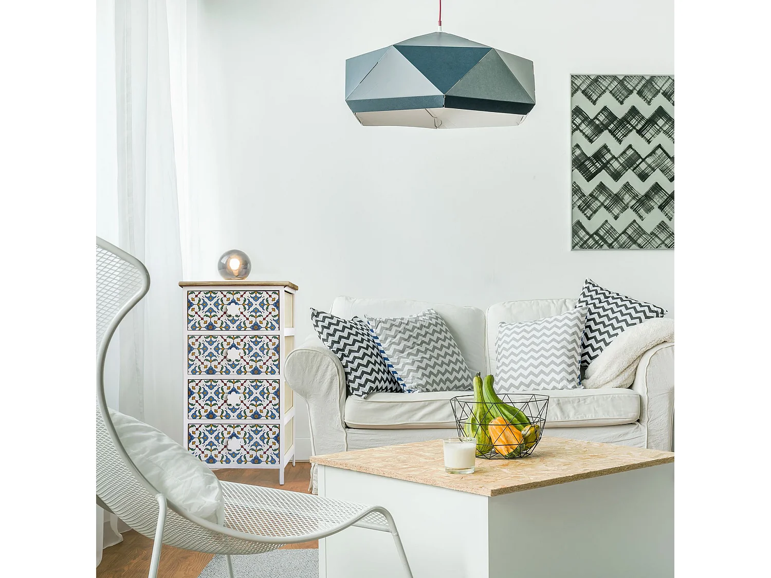 Commode 4 Tiroirs Bois Majolica Blanc Clair Bleu 76x40x30