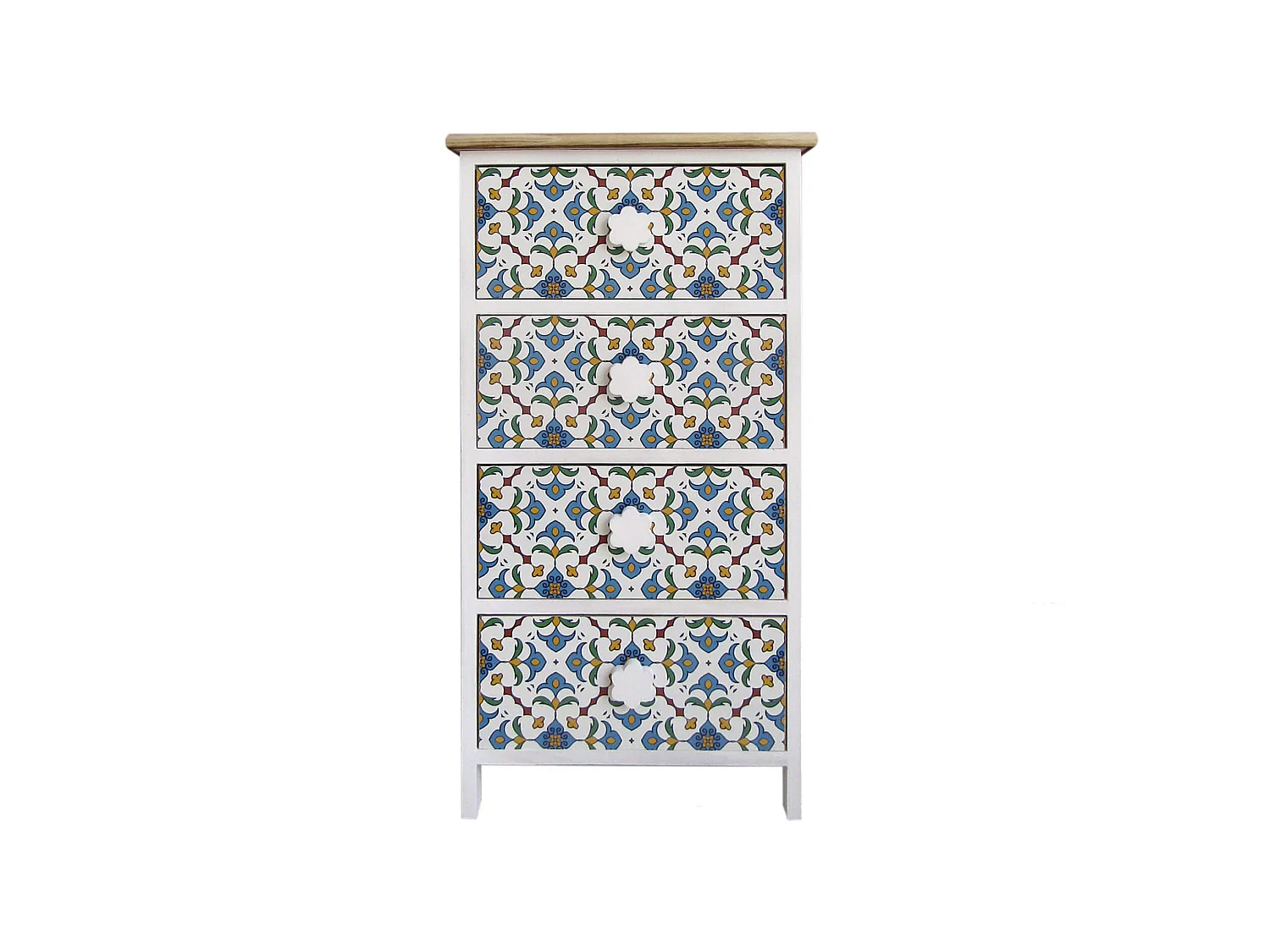 Commode 4 Tiroirs Bois Majolica Blanc Clair Bleu 76x40x30