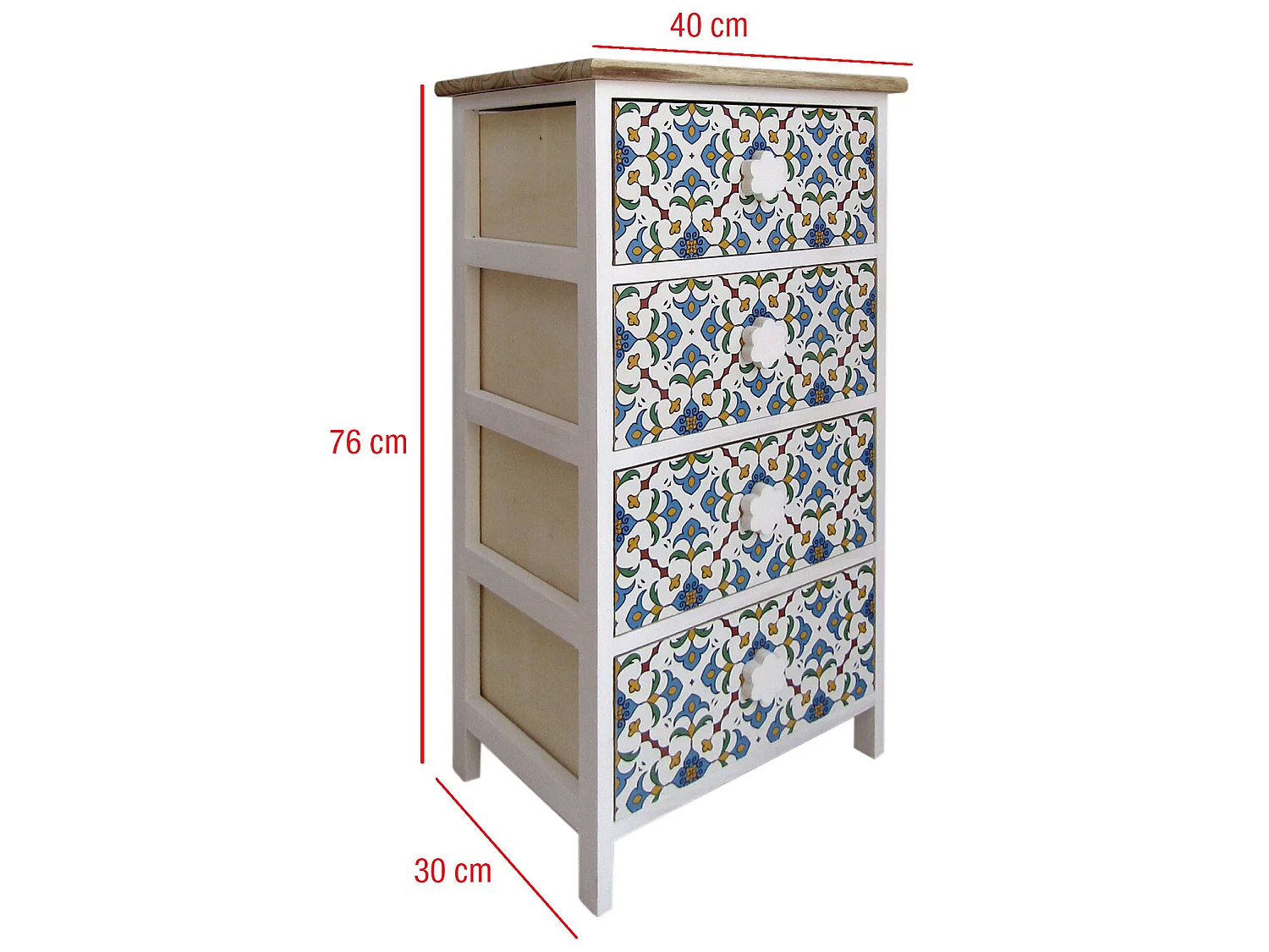 Commode 4 Tiroirs Bois Majolica Blanc Clair Bleu 76x40x30