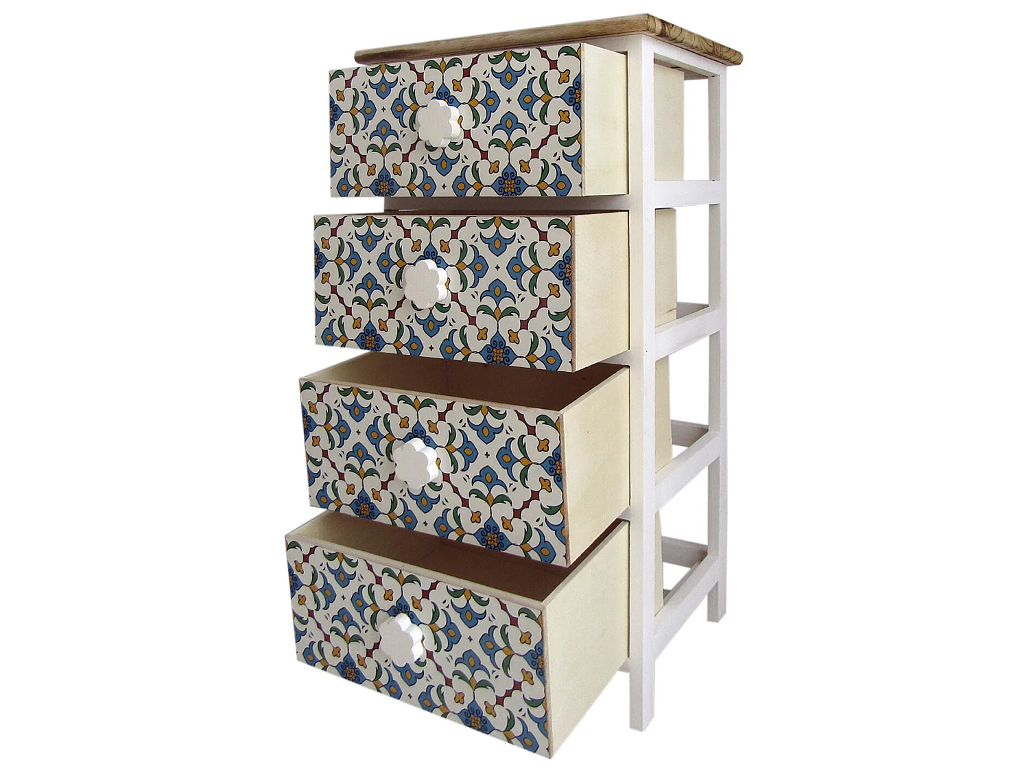 Commode 4 Tiroirs Bois Majolica Blanc Clair Bleu 76x40x30