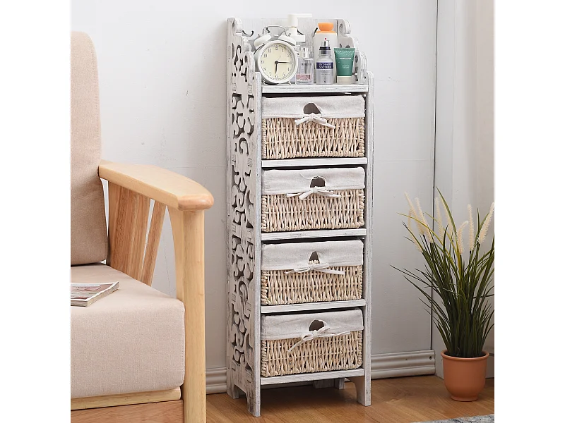 Cassettiera Mobile Bagno Barocco 4 Cassetti Bianchi 98x29x22