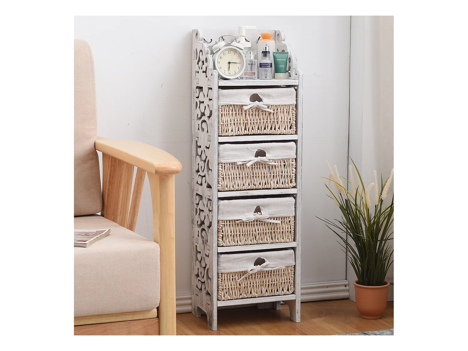 Commode Table De Chevet 4 Tiroirs Bois Osier Blanc 98x29x22