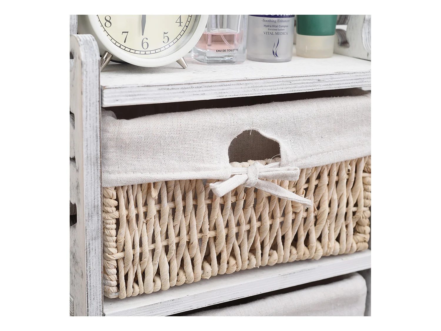 Commode Table De Chevet 4 Tiroirs Bois Osier Blanc 98x29x22