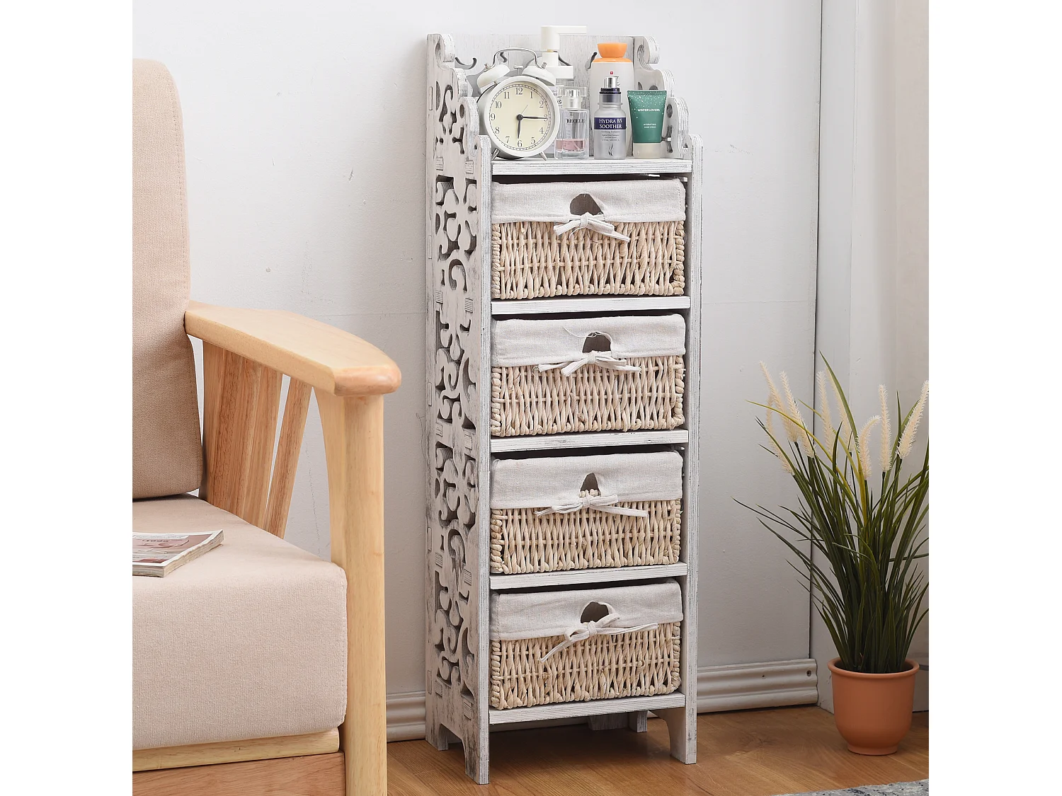 Commode Table De Chevet 4 Tiroirs Bois Osier Blanc 98x29x22