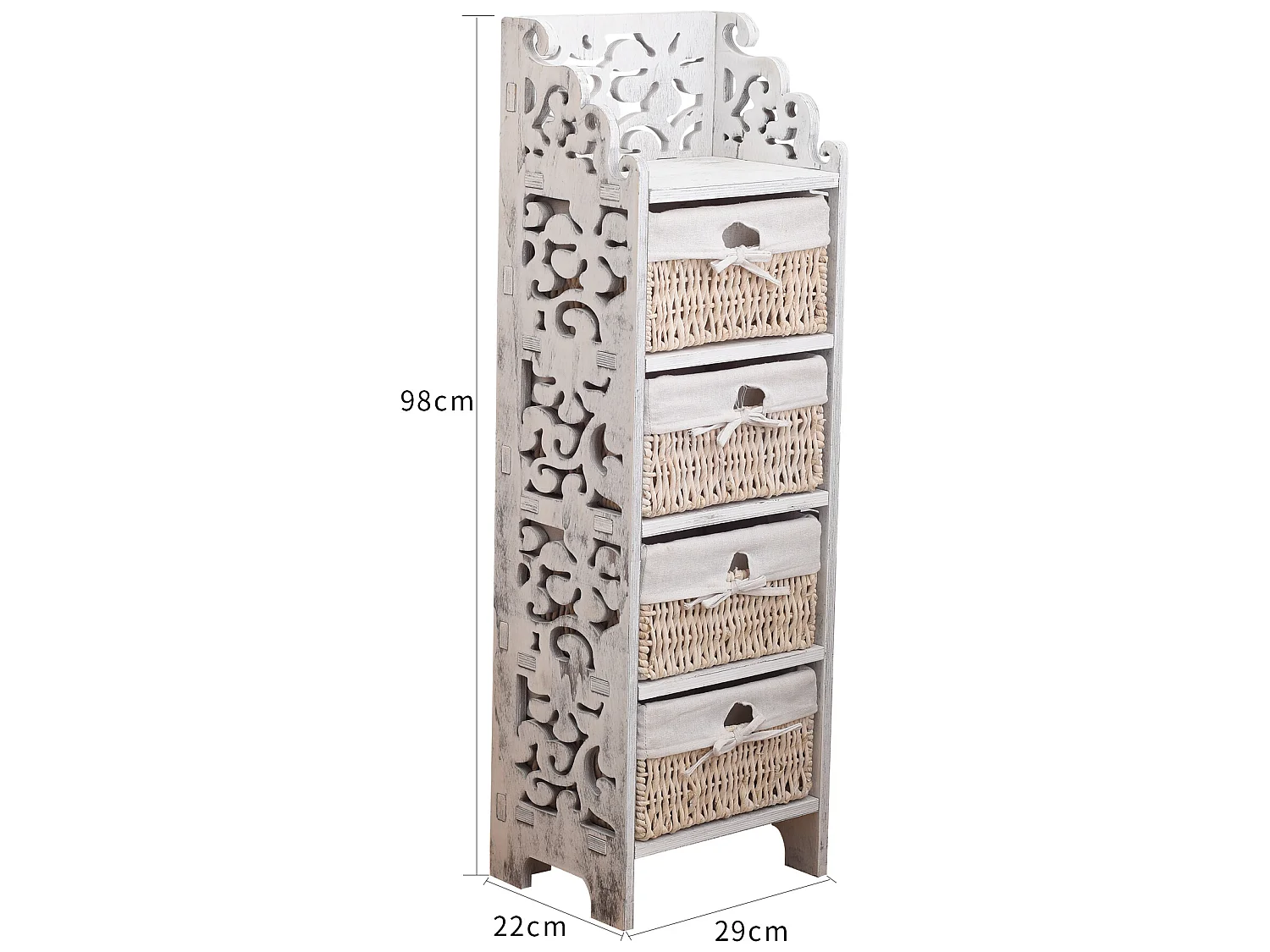 Commode Table De Chevet 4 Tiroirs Bois Osier Blanc 98x29x22