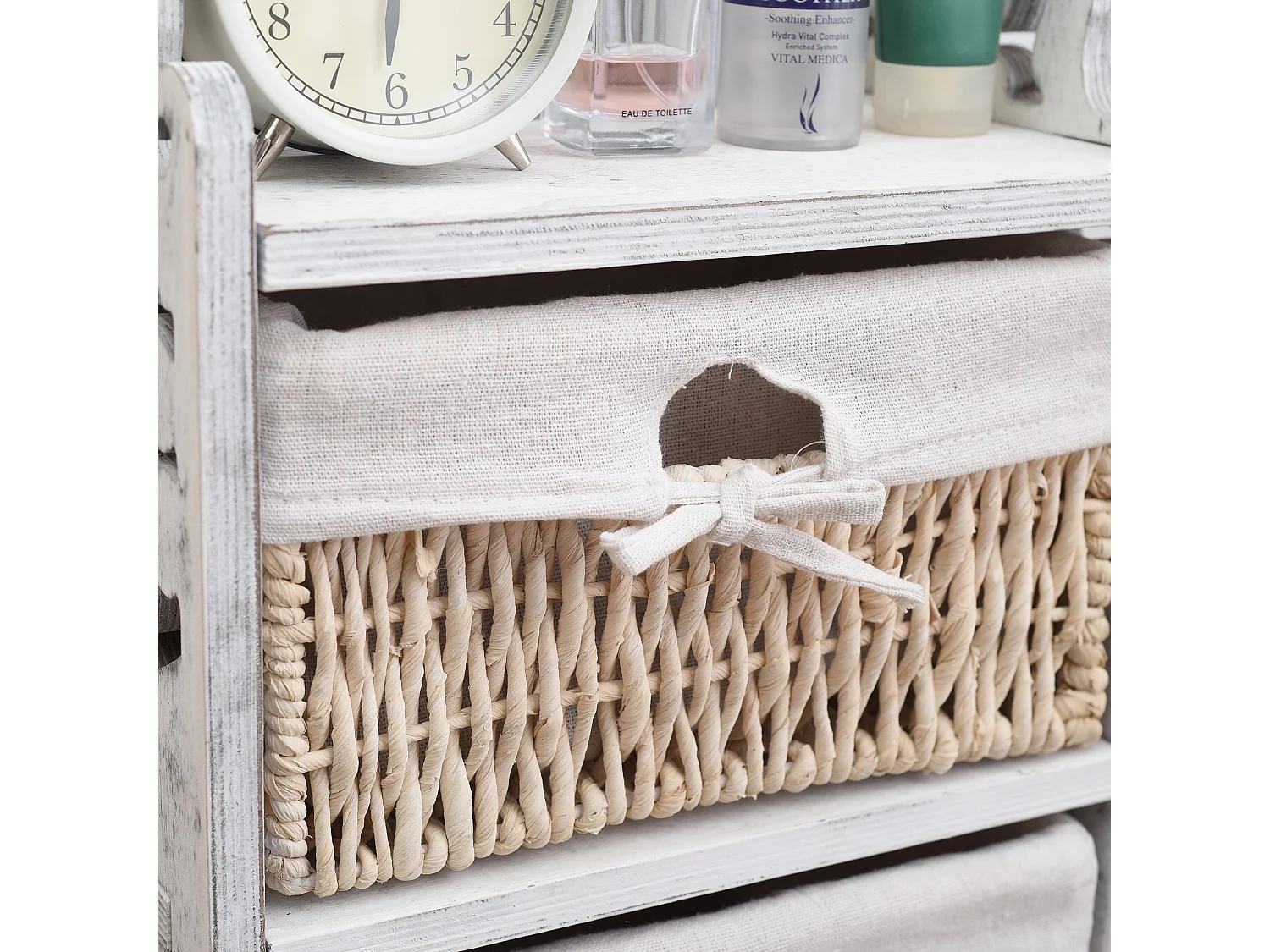 Commode Table De Chevet 4 Tiroirs Bois Osier Blanc 98x29x22