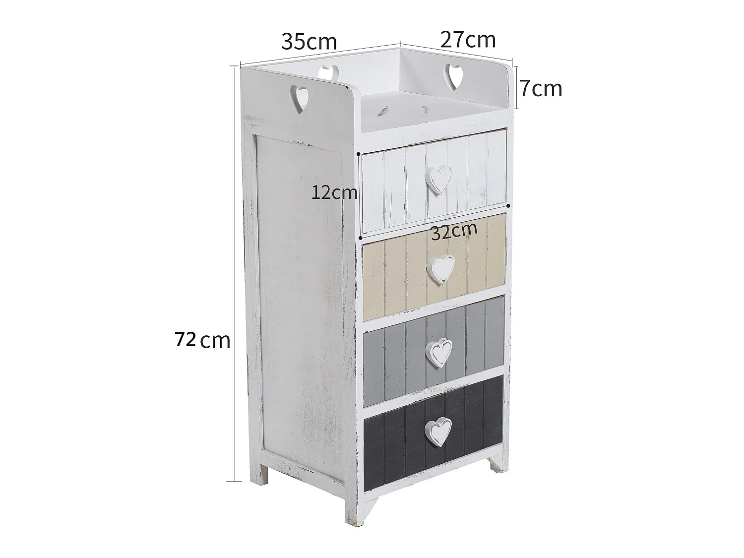 Cassettiera Comodino Bianco Shabby Cassetti Cuore 72x35x27