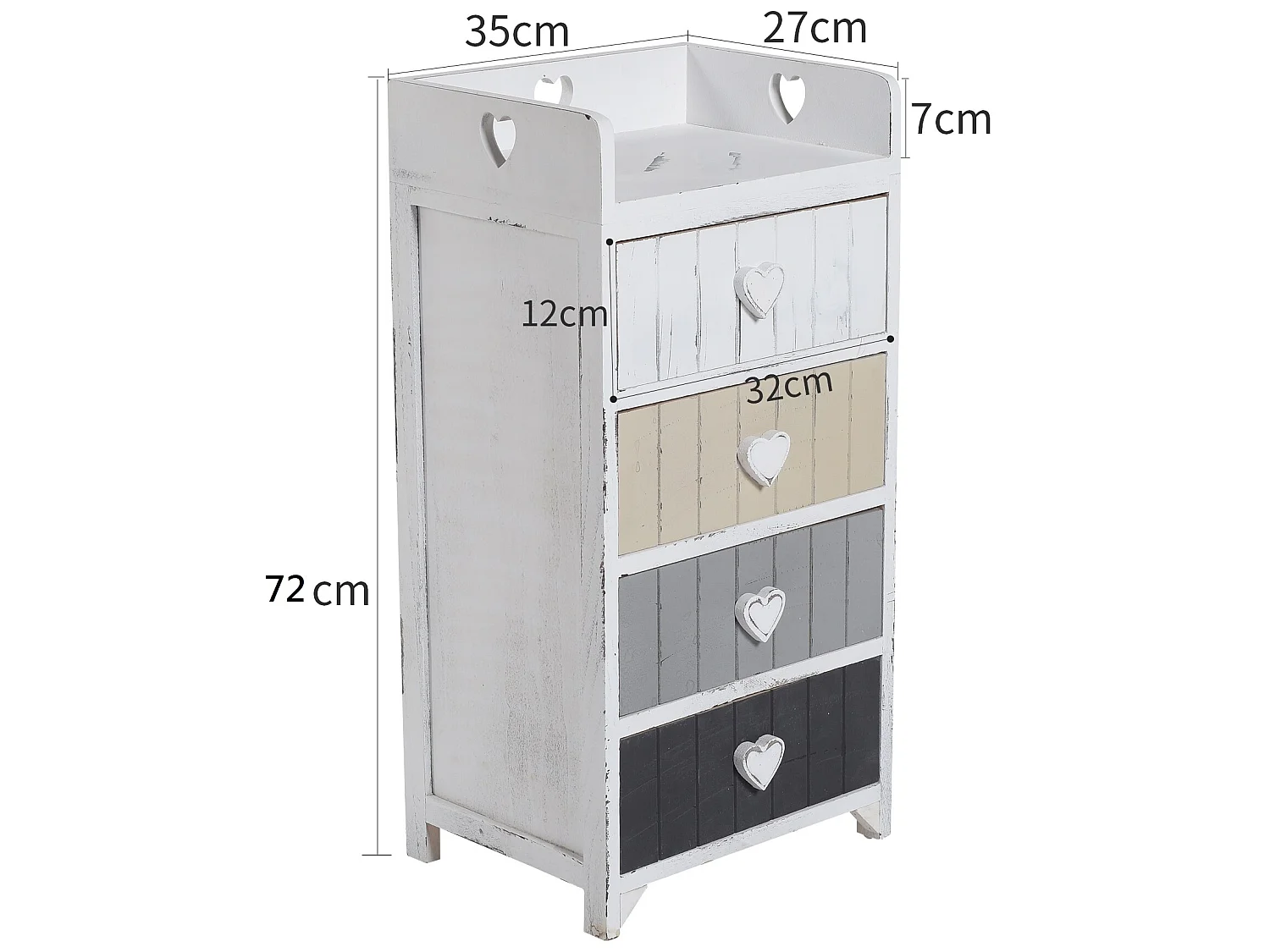 Chiffonnier 4 Tiroirs Bois Gris Blanc Shabby Chic 72x35x27