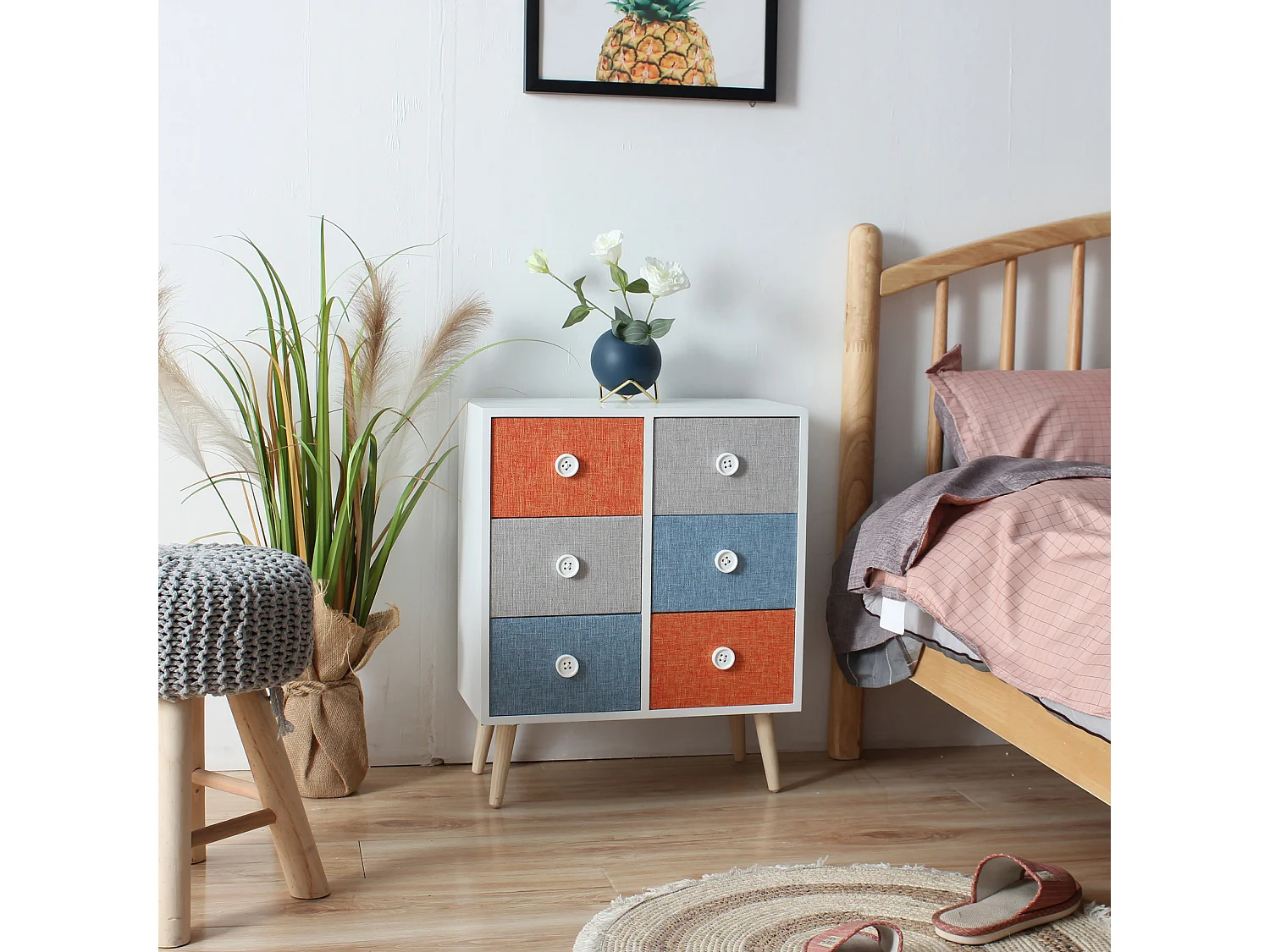 Commode 6 Tiroirs en bois gain d'espace Moderne coloré Tissu