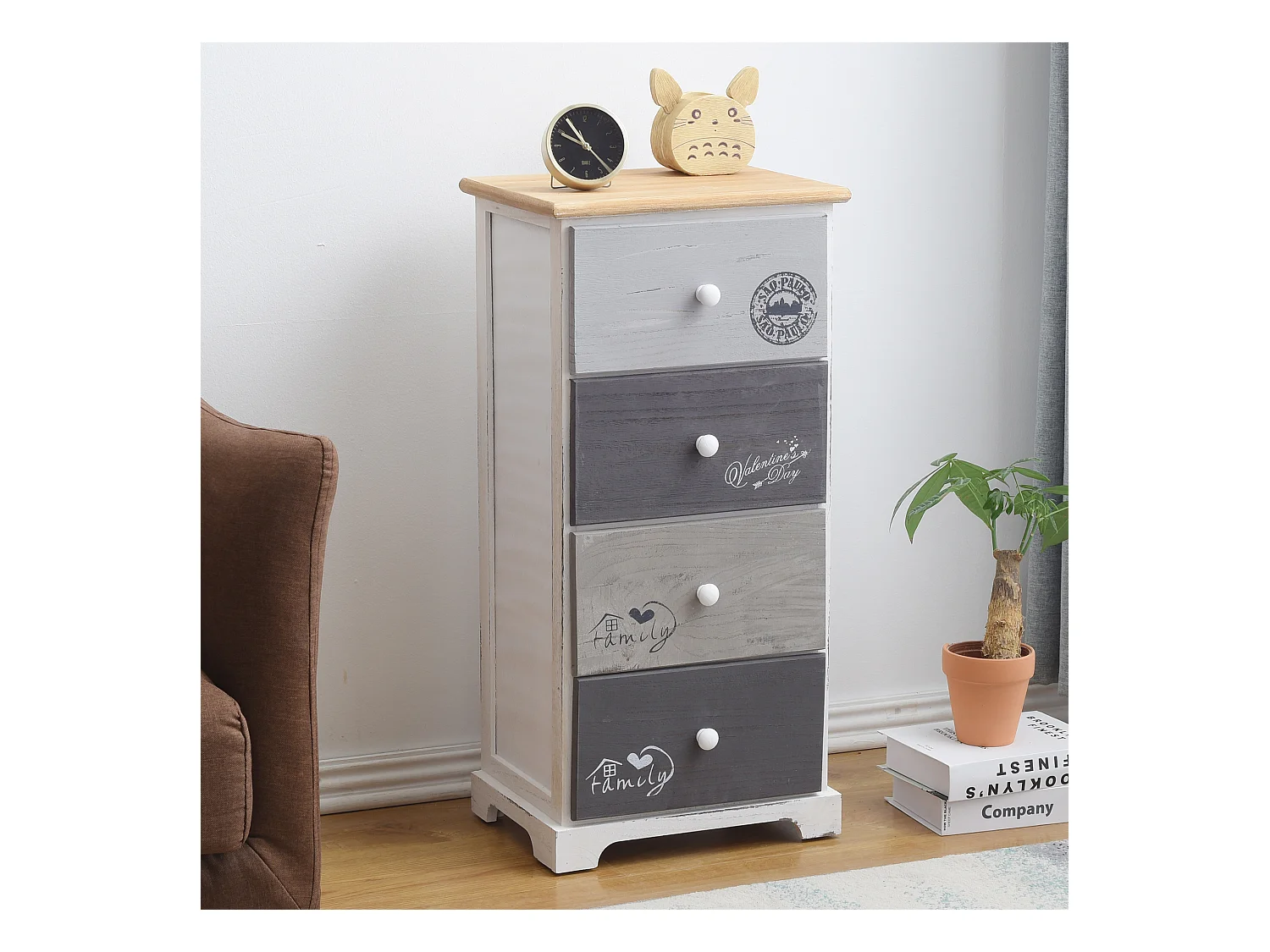 Cassettiera Comodino  Shabby Chic Bianco 4 Cassetti 72x35x27