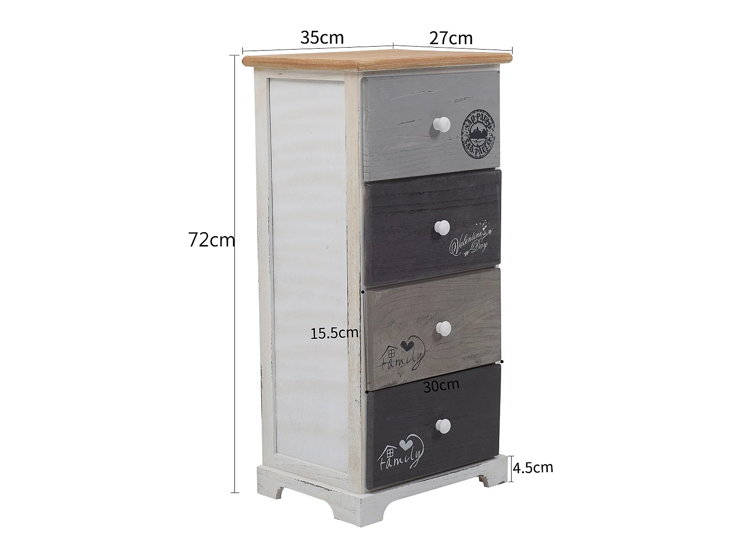 Cassettiera Comodino  Shabby Chic Bianco 4 Cassetti 72x35x27