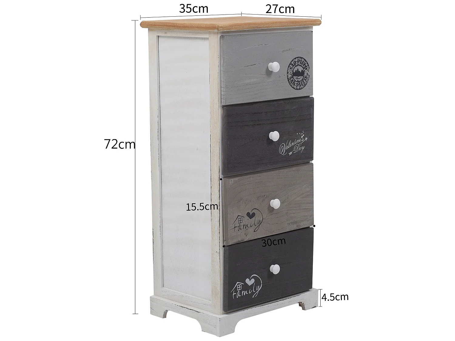 Chiffonnier Commode 4 Tiroirs Bois Blanc Gris Shabby 72x35x27