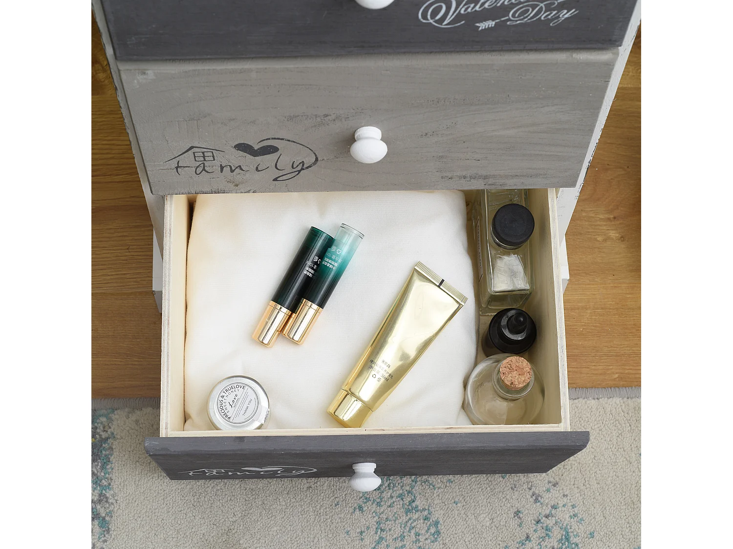 Chiffonnier Commode 4 Tiroirs Bois Blanc Gris Shabby 72x35x27