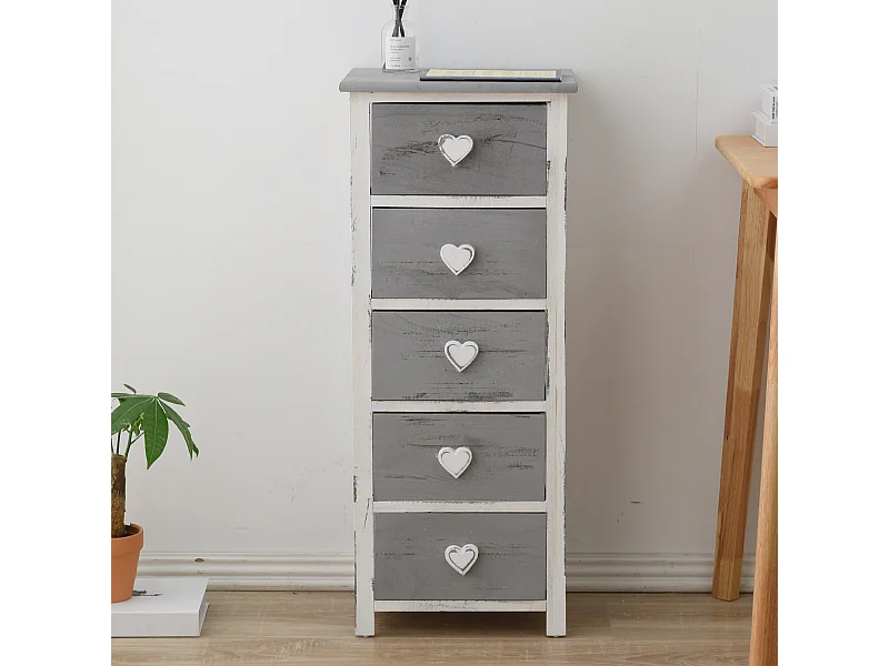 Cassettiera Mobile 5 Cassetti Legno Bianco Grigio Shabby 84x35x27