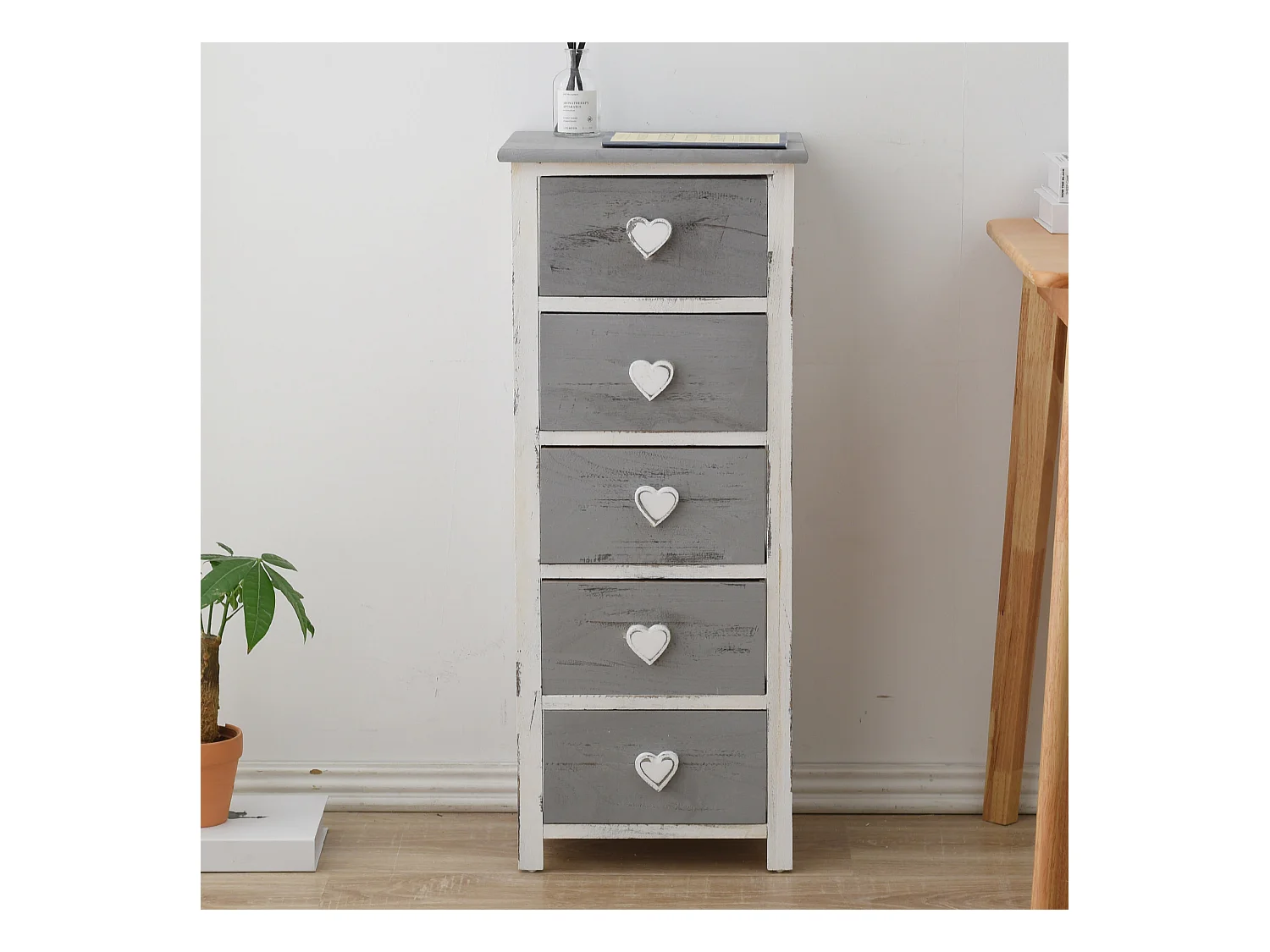 Cassettiera Mobile 5 Cassetti Legno Bianco Grigio Shabby 84x35x27