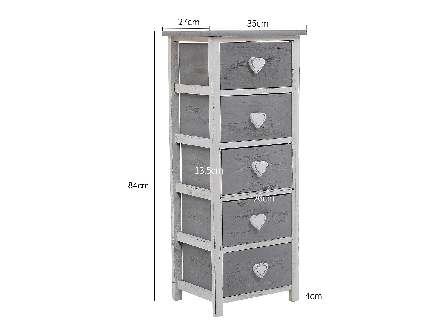 Cassettiera Mobile 5 Cassetti Legno Bianco Grigio Shabby 84x35x27