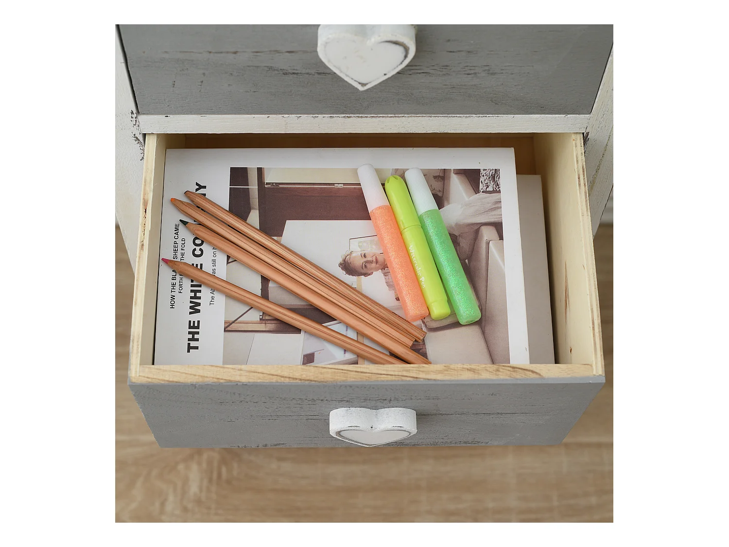 Cassettiera Mobile 5 Cassetti Legno Bianco Grigio Shabby 84x35x27