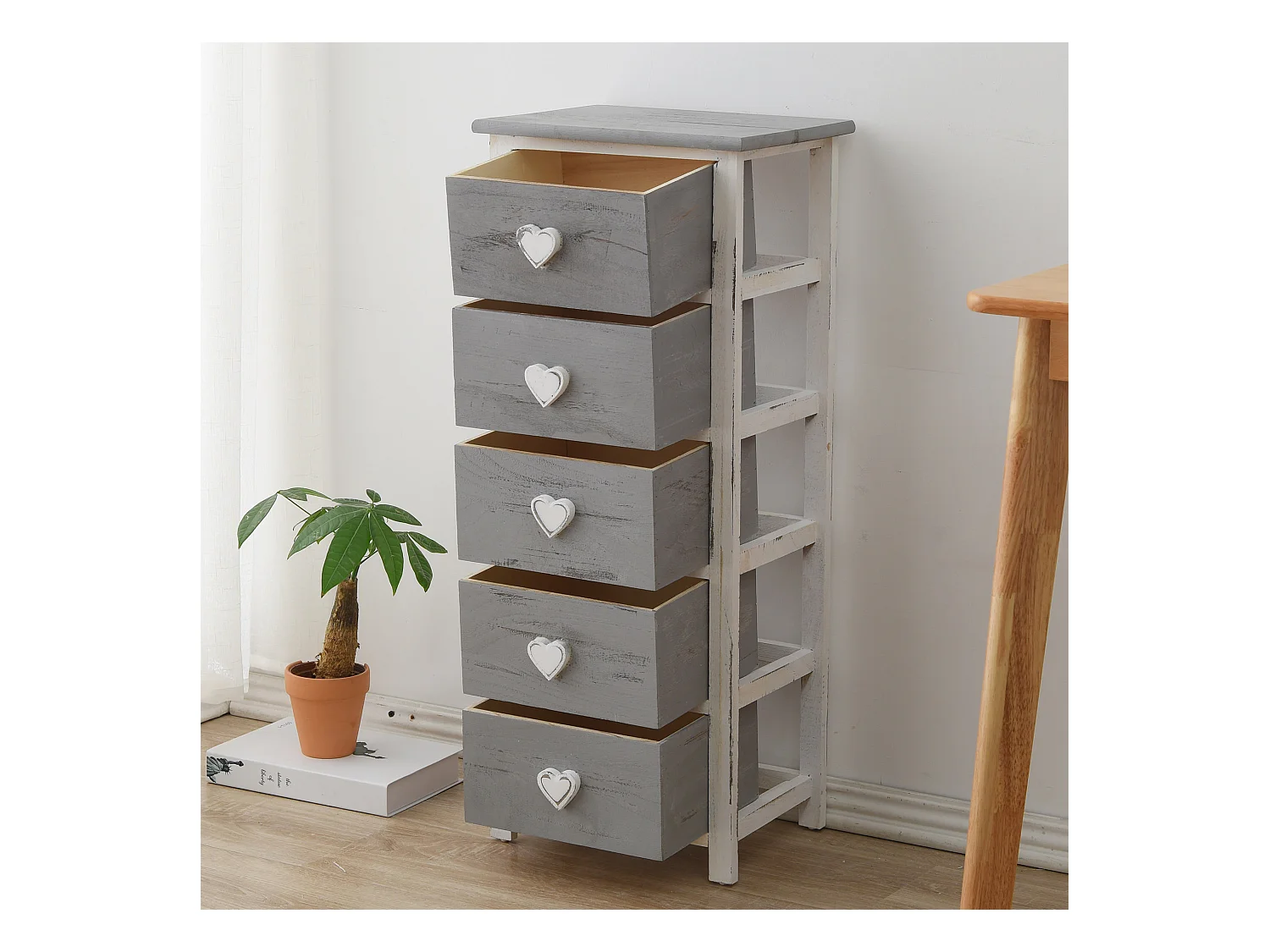 Cassettiera Mobile 5 Cassetti Legno Bianco Grigio Shabby 84x35x27