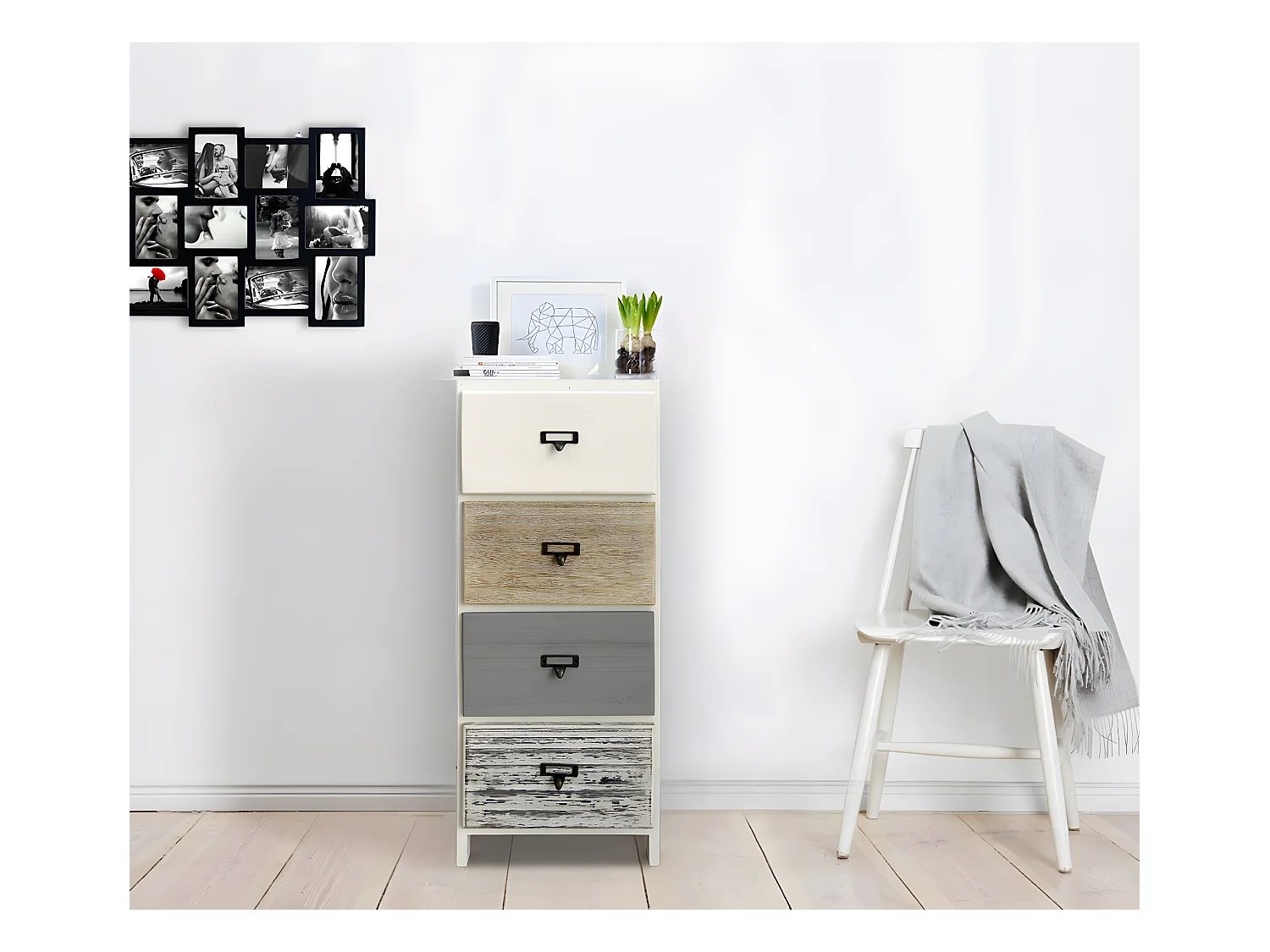 Cassettiera 4 Cassetti Bianco Legno Beige Grigio Montato 79x30x24