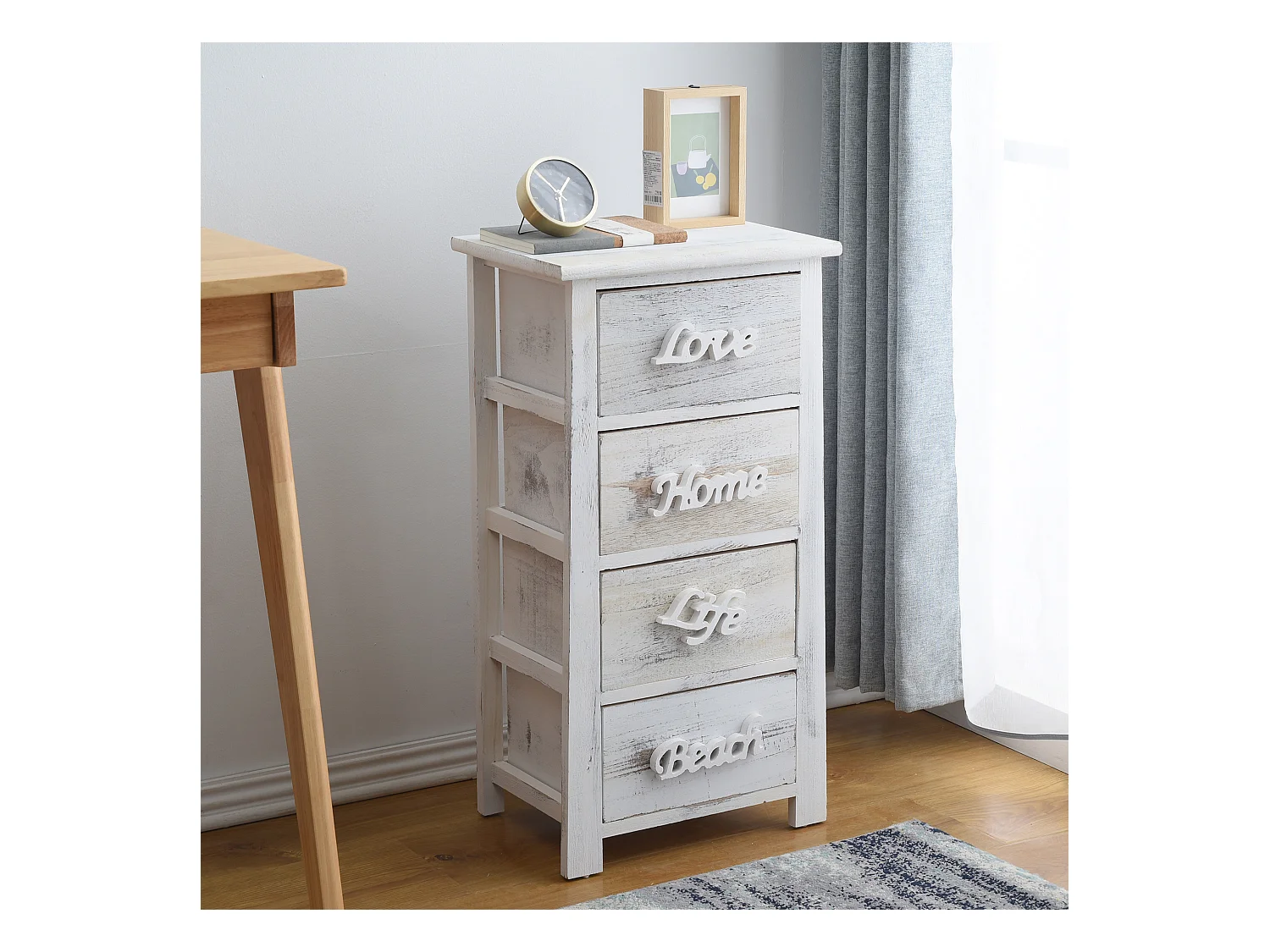 Comodino Cassettiera 4 Cassetti Bianco Grigio Shabby 73x37x27