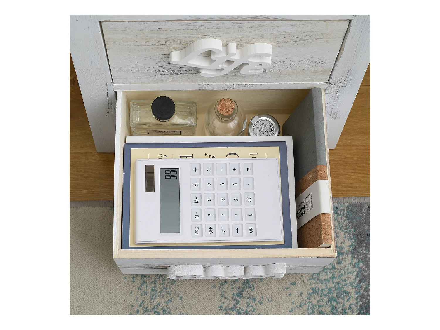 Comodino Cassettiera 4 Cassetti Bianco Grigio Shabby 73x37x27