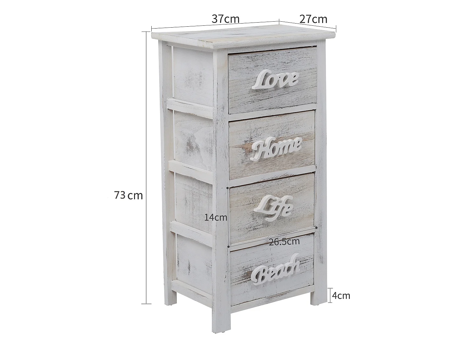 Chiffonnier Meuble 4 Tiroirs Bois Blanc Shabby 73x37x27