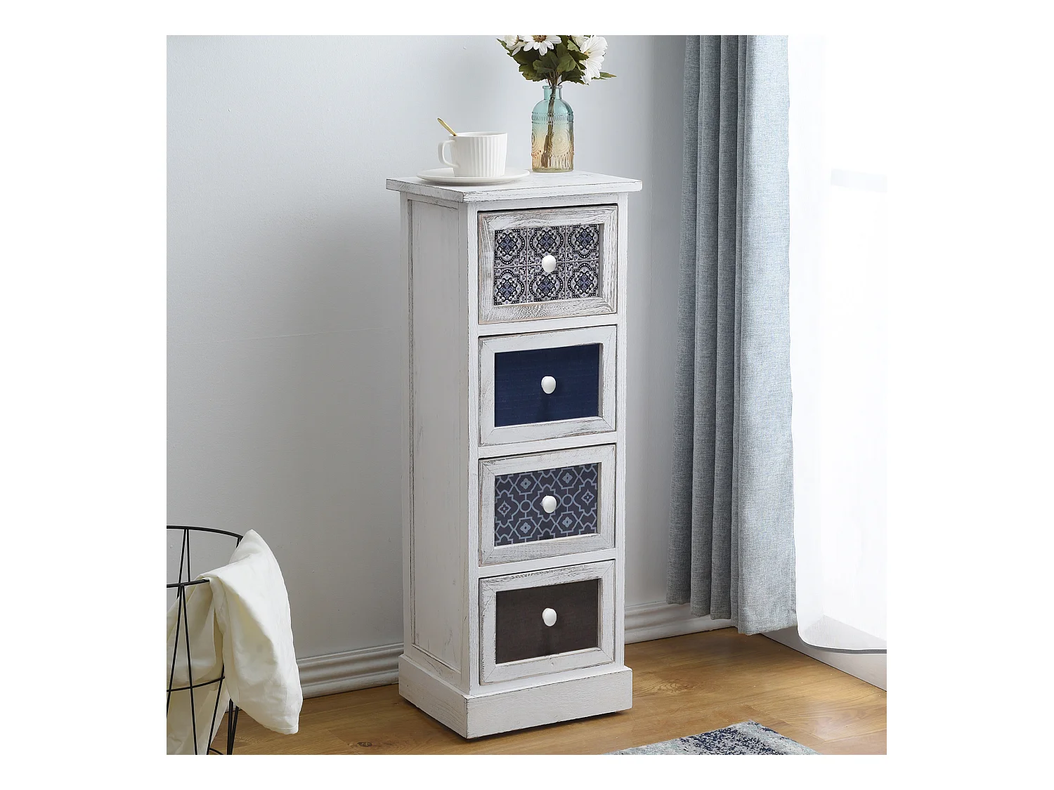 Cassettiera Comodino Bianco Stampe Legno 4 Cassetti 76x30x25