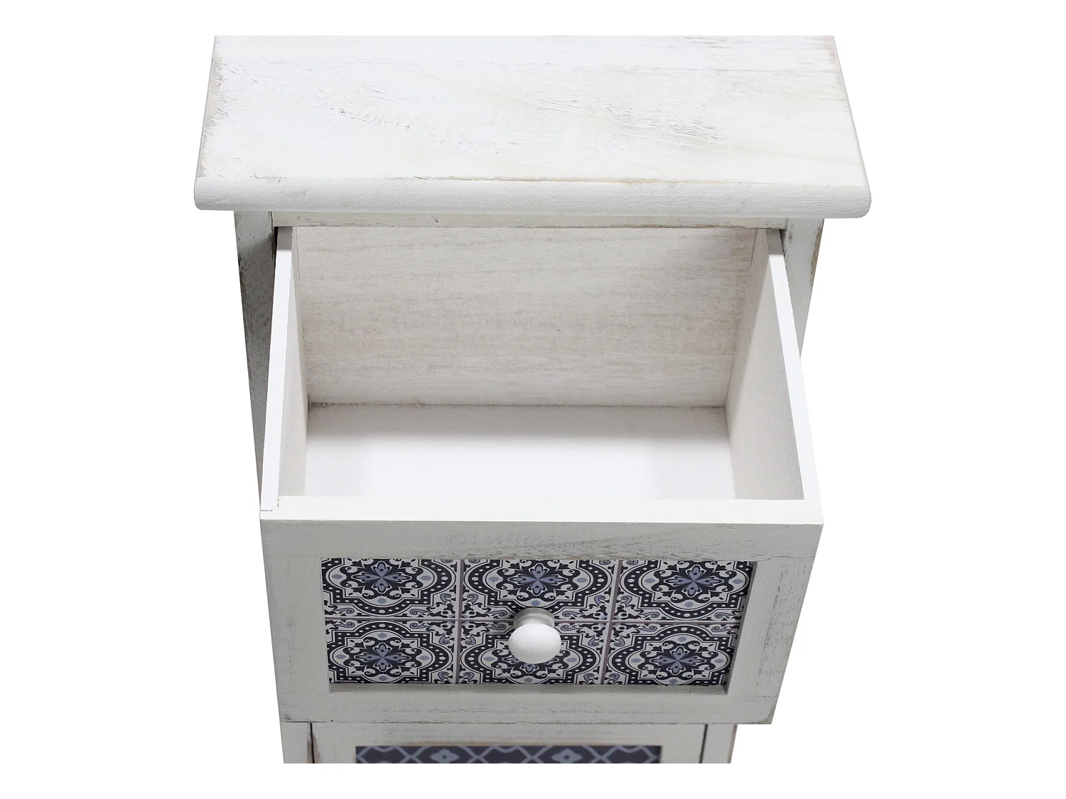 Cassettiera Comodino Bianco Stampe Legno 4 Cassetti 76x30x25