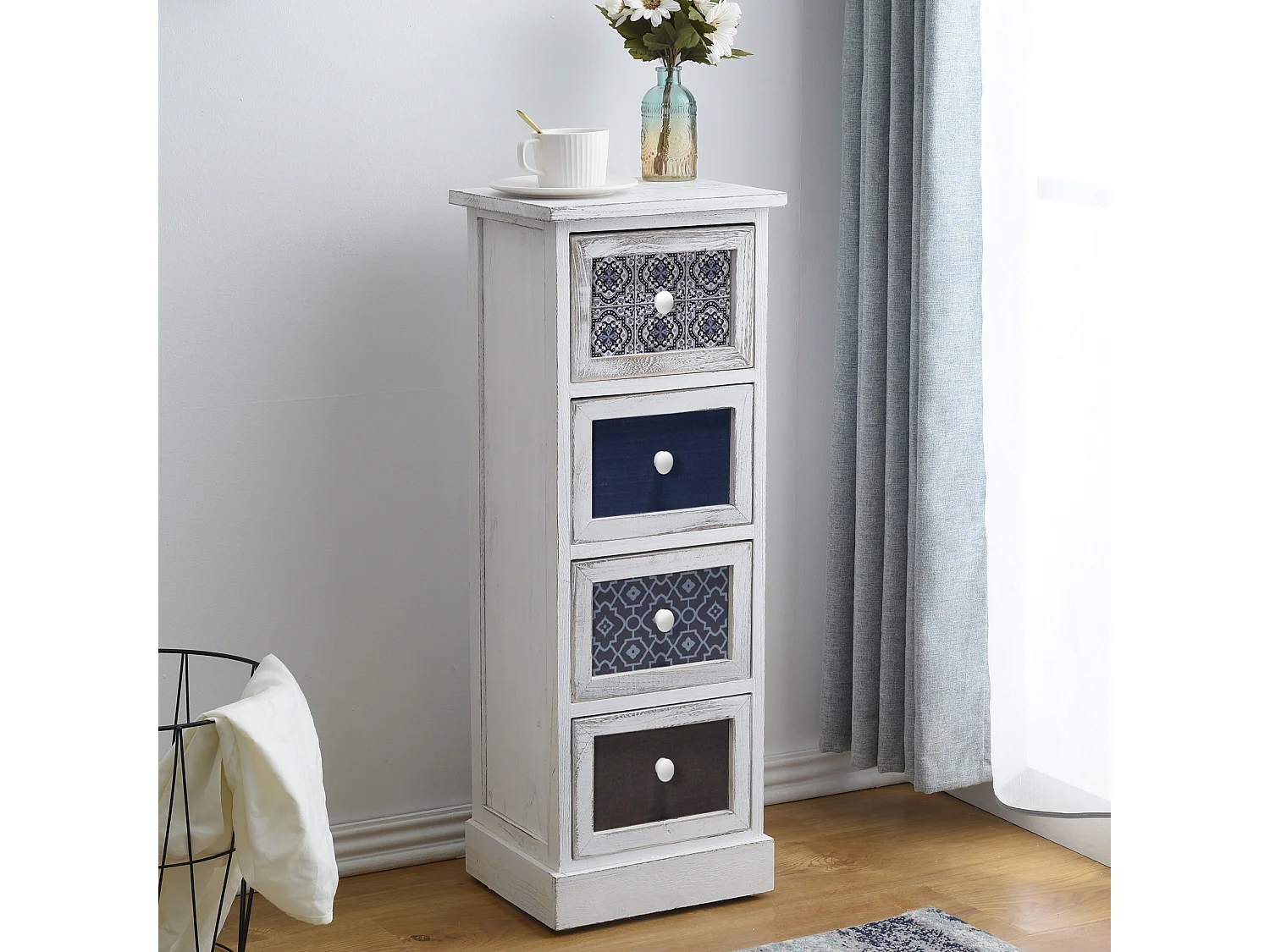 Armoire Commode Blanc Gris Bleu Shabby Bois 4 Tiroirs 76x30x25