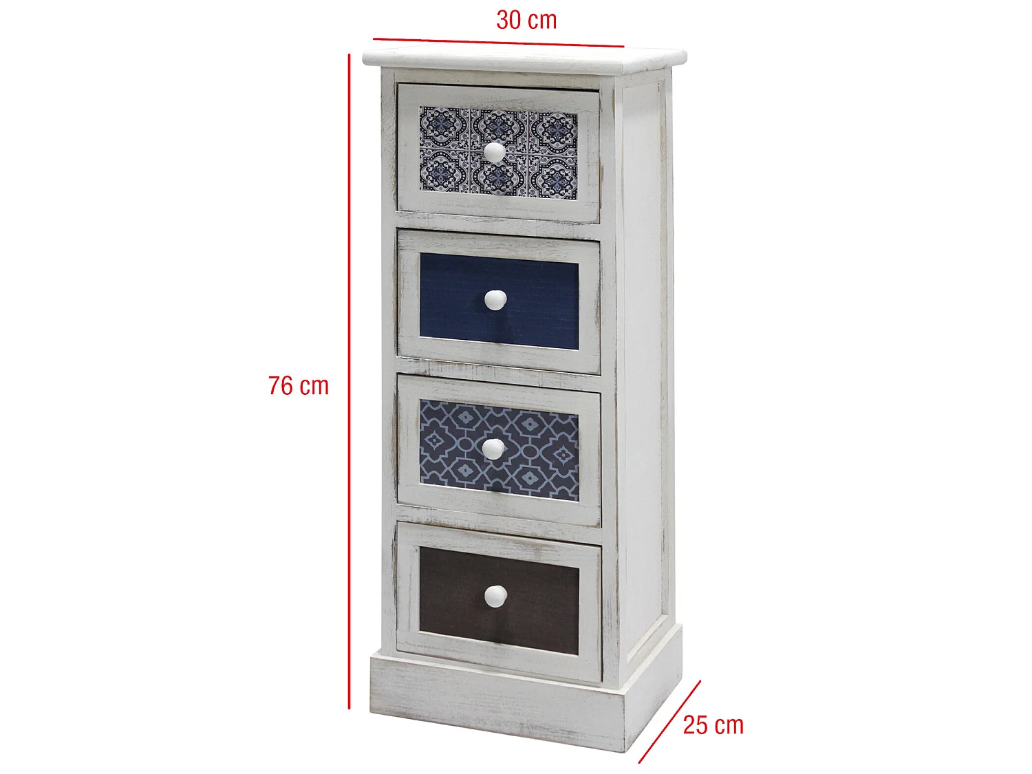 Armoire Commode Blanc Gris Bleu Shabby Bois 4 Tiroirs 76x30x25