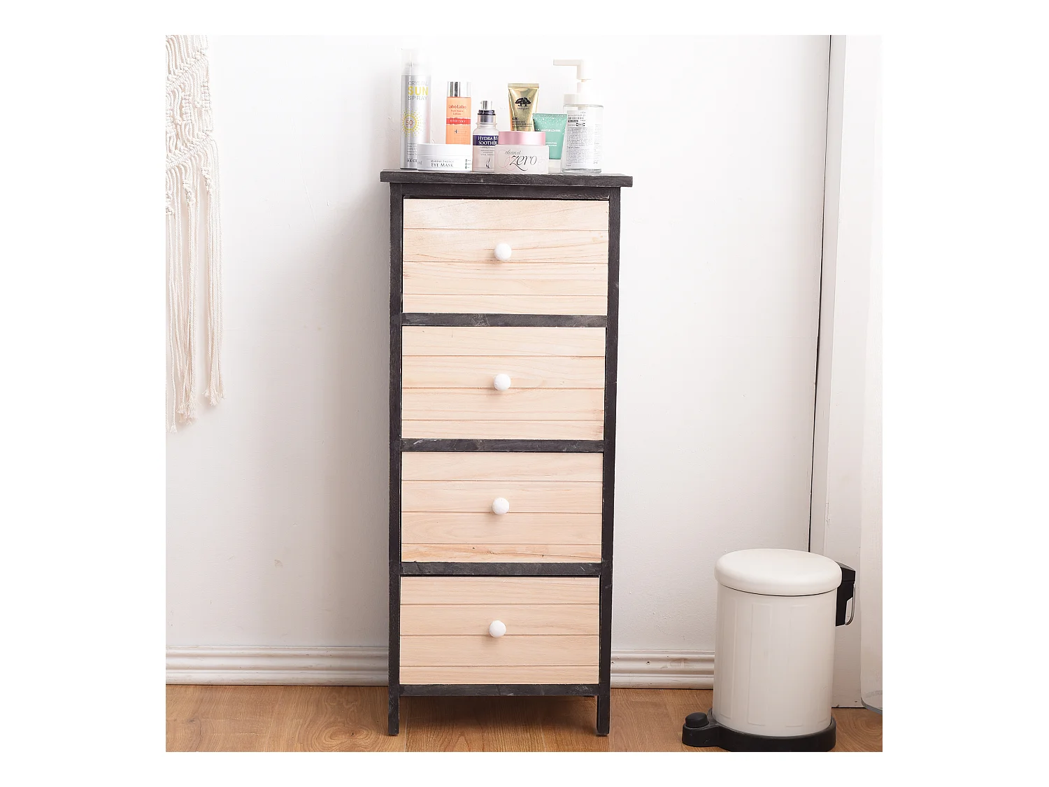 Chiffonnier Commode 4 Tiroirs Bois Blanc Gris Shabby 81x35x25