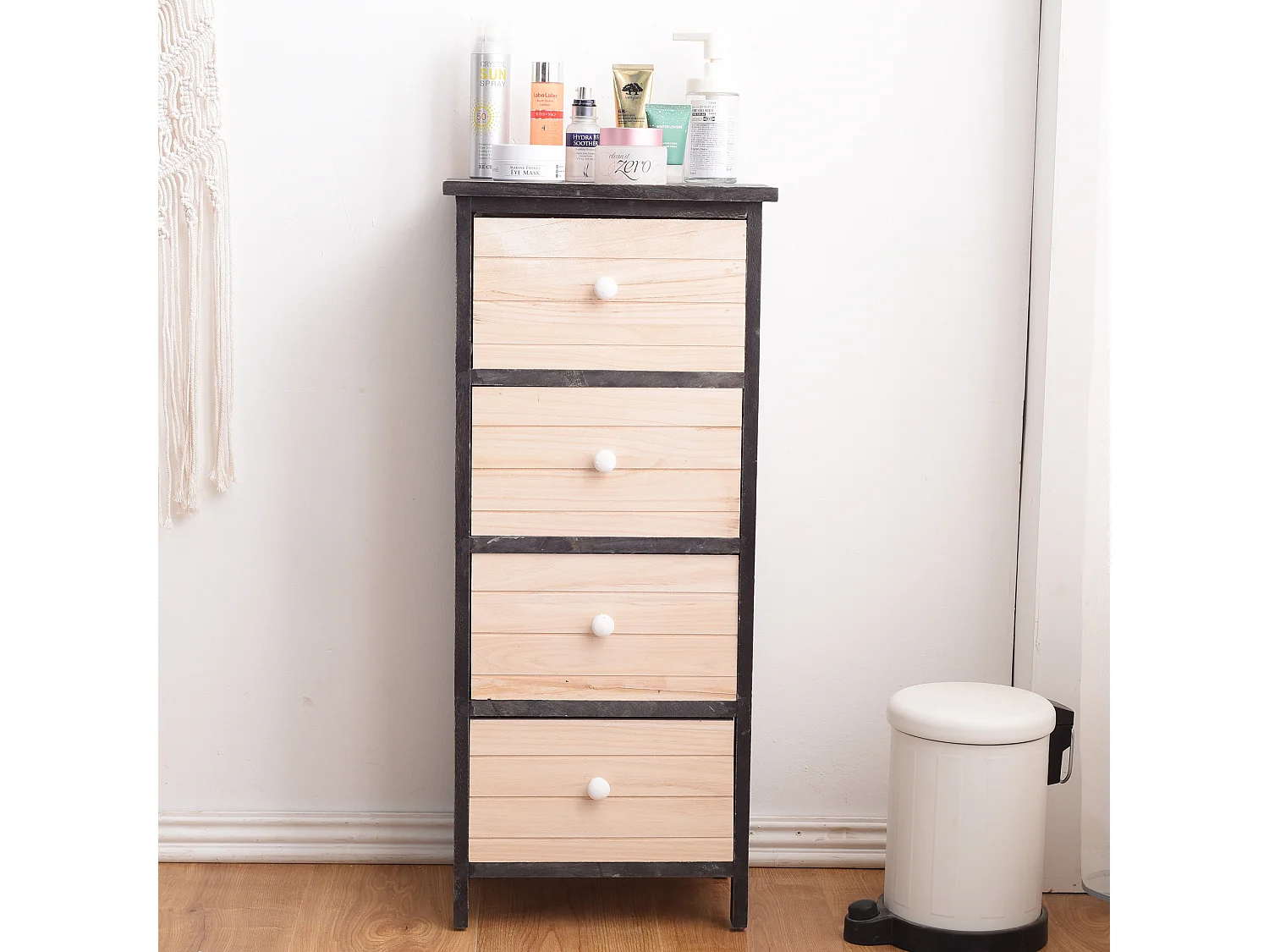 Chiffonnier Commode 4 Tiroirs Bois Blanc Gris Shabby 81x35x25