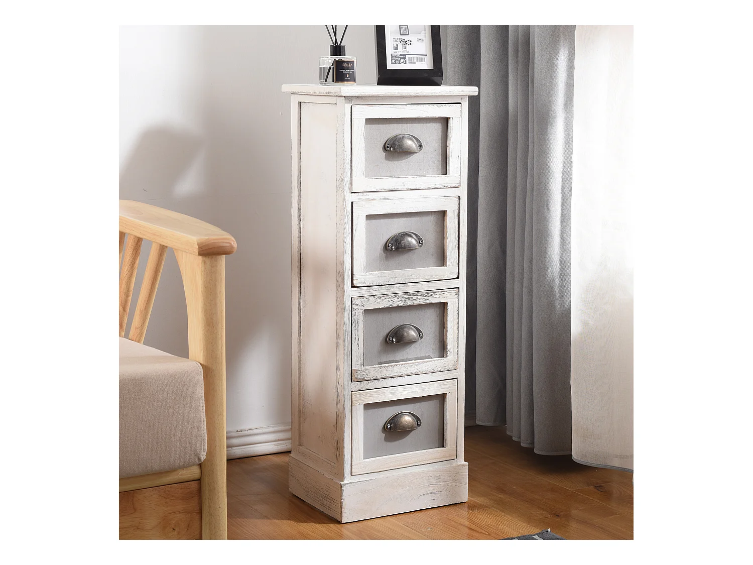 Cassettiera Comodino 4 Cassetti Legno Bianco Vintage 80x29x25