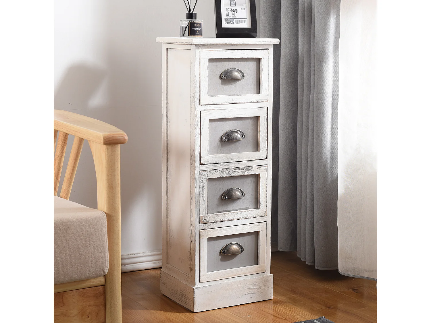 Meuble Chevet 4 Tiroir Bois Blanc Classique 80x29x25