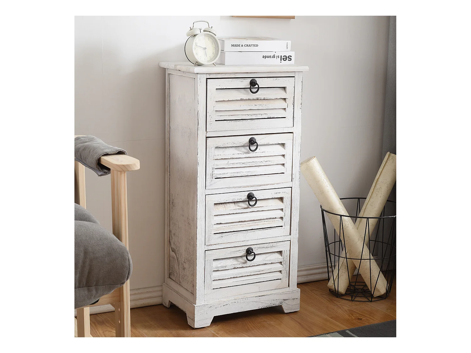 Chiffonnier Table De Chevet 4 Tiroirs Bois Blanc 81x40x27