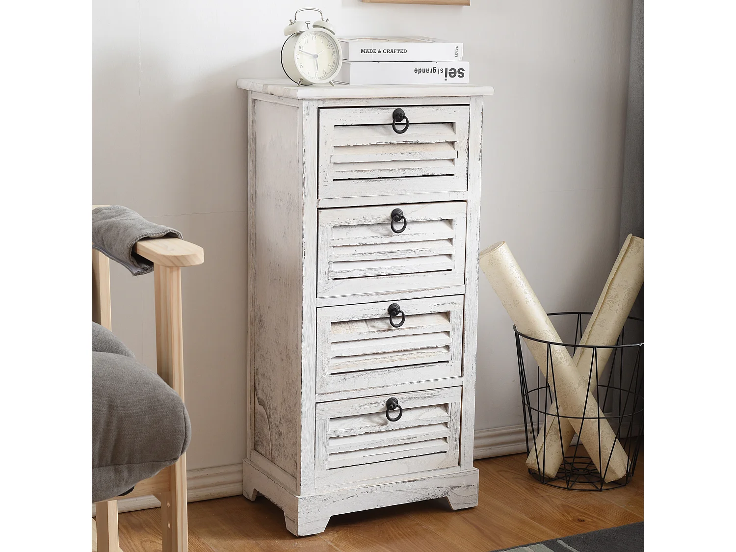 Chiffonnier Table De Chevet 4 Tiroirs Bois Blanc 81x40x27