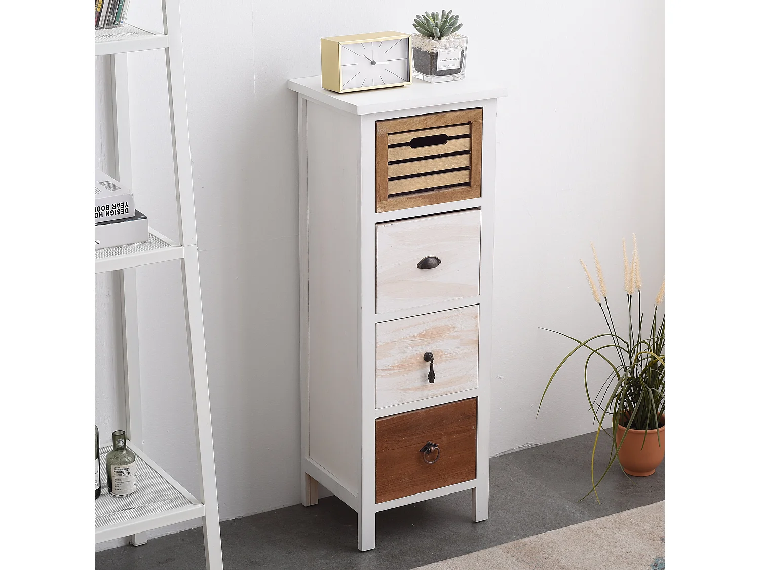 Cómoda 4 Gavetas Shabby Vintage Castanho Branco 89x31x27