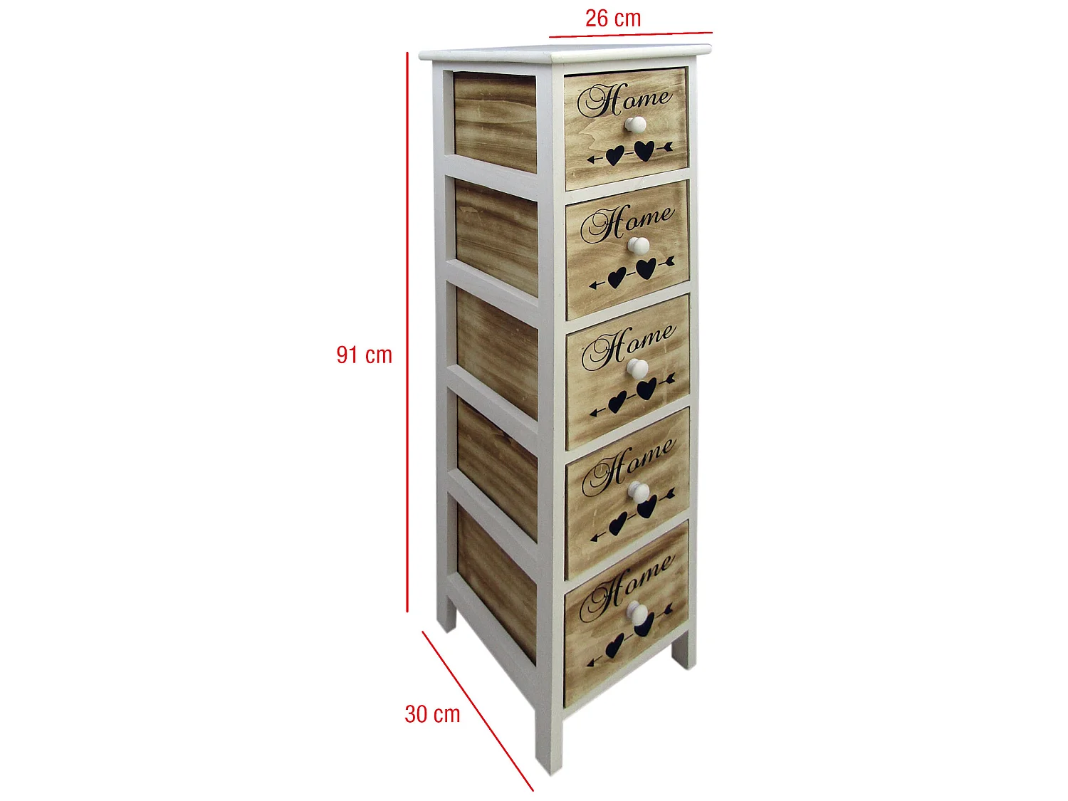 Cassettiera Settimino 5 Cassetti Legno Bianco Marrone 91x26x30