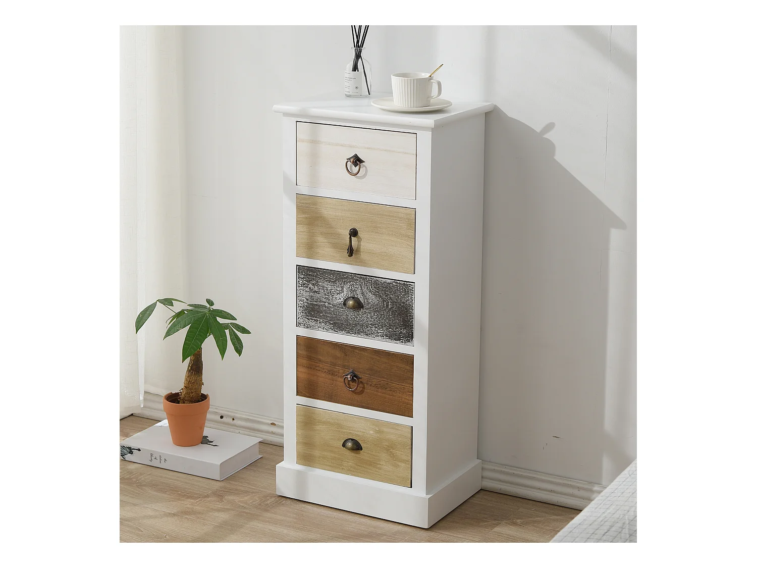 Chiffonnier Chevet 5 Tiroirs Bois Blanc Marron Gris Classique Bain