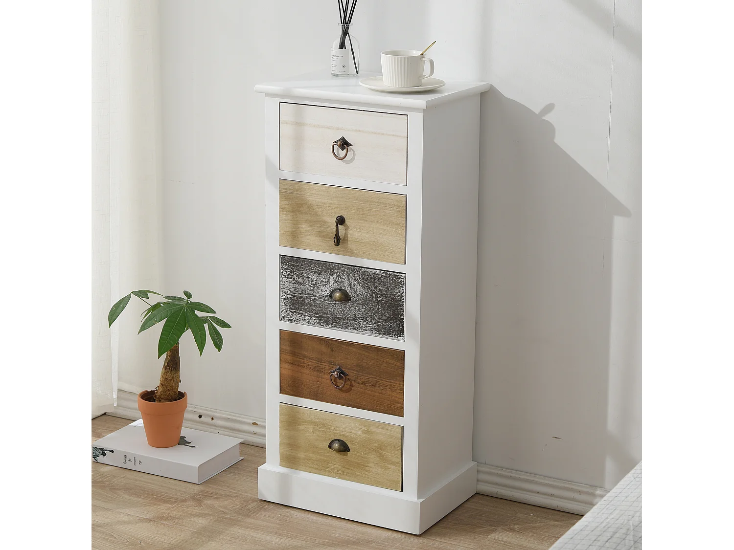 Chiffonnier Chevet 5 Tiroirs Bois Blanc Marron Gris Classique Bain