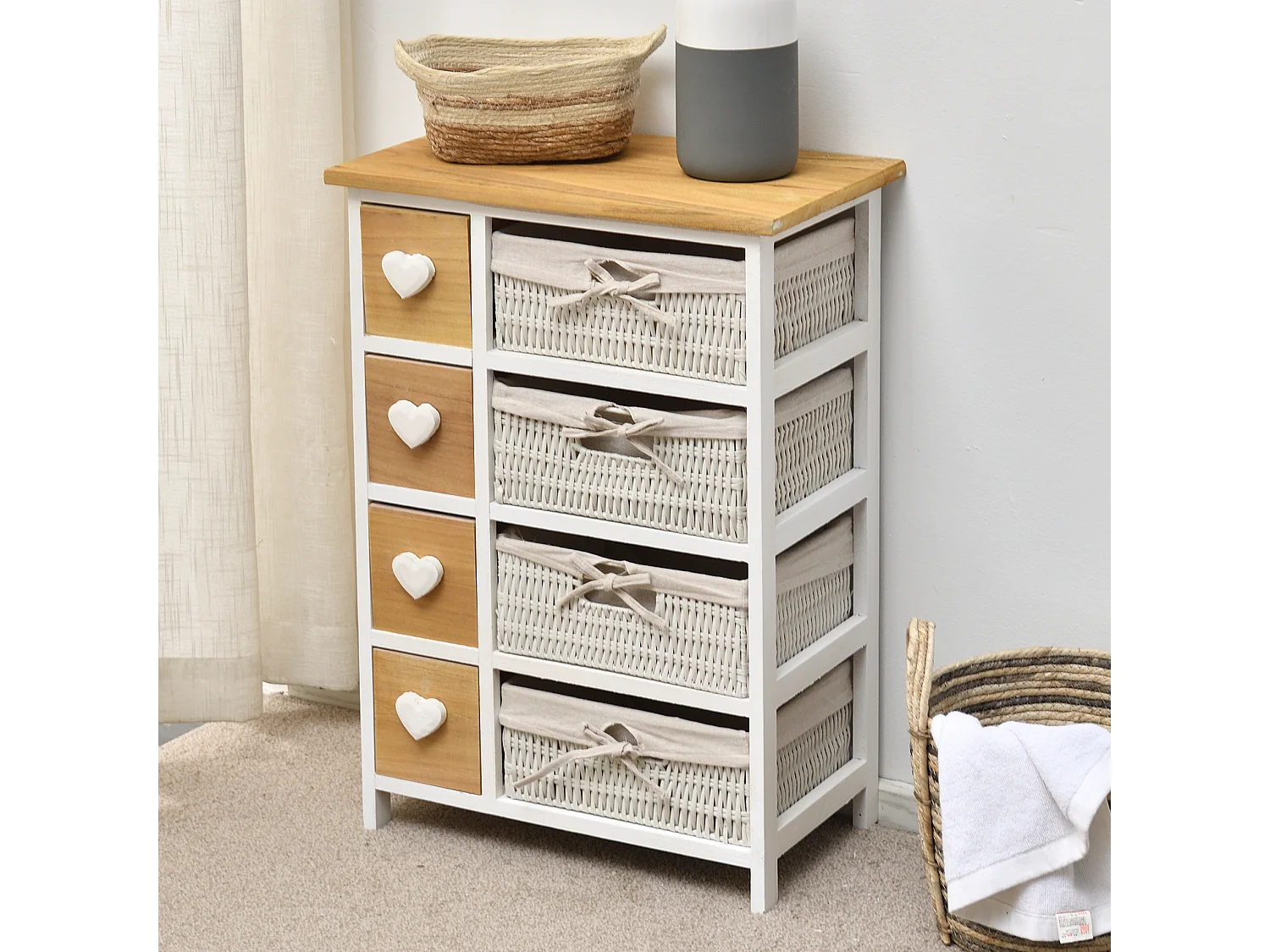 Commode Meuble 8 Tiroirs Bois Osier Blanc Marron 71x51x30