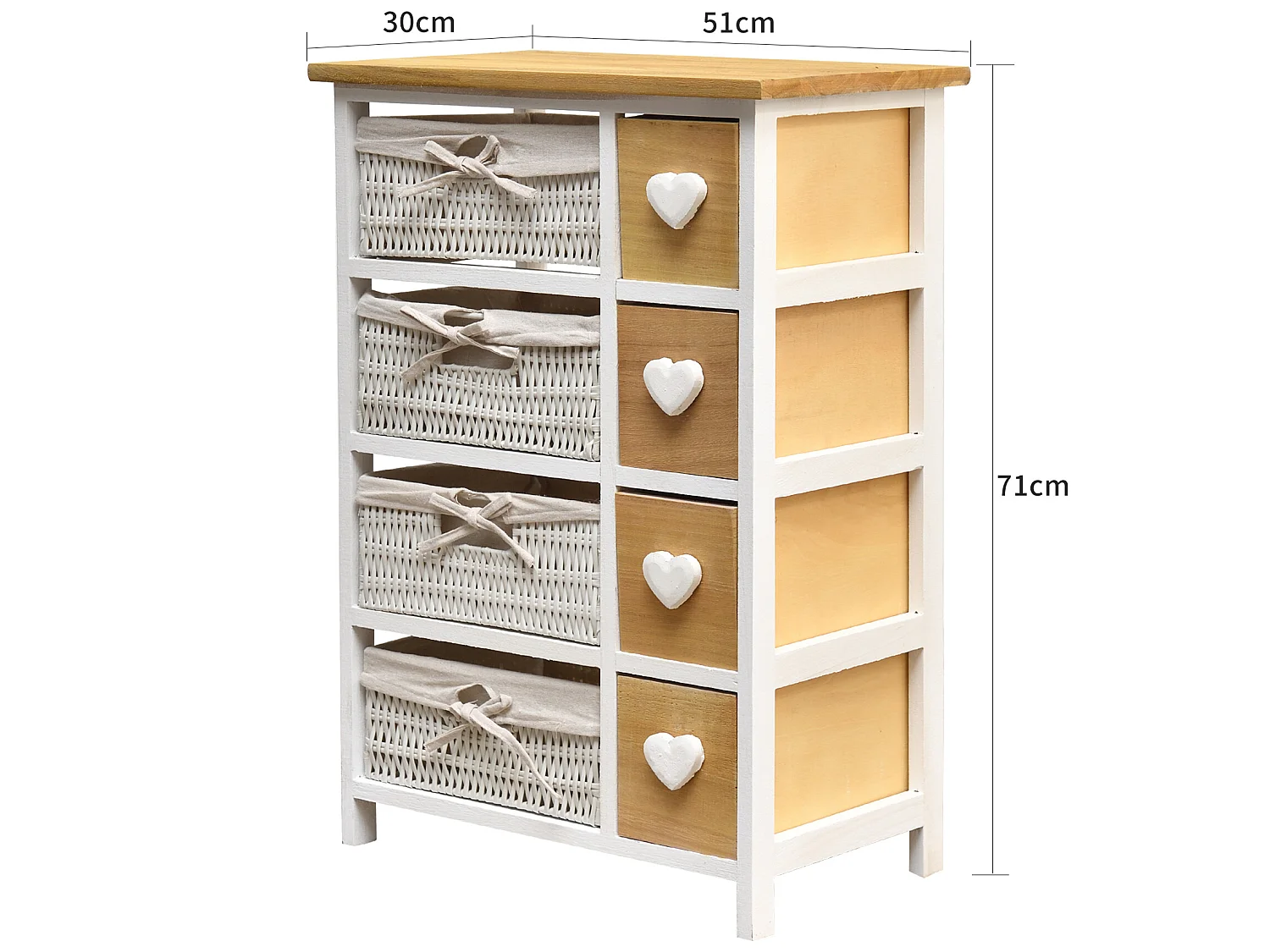 Commode Meuble 8 Tiroirs Bois Osier Blanc Marron 71x51x30