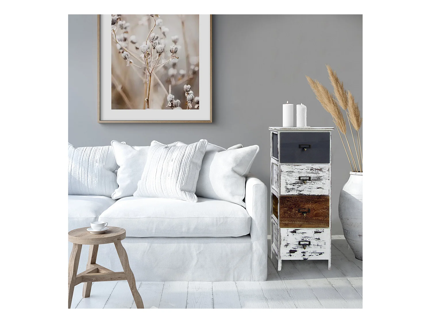 Commode 4 Tiroirs Bois Rétro Blanc Gris Marron 74x28x28